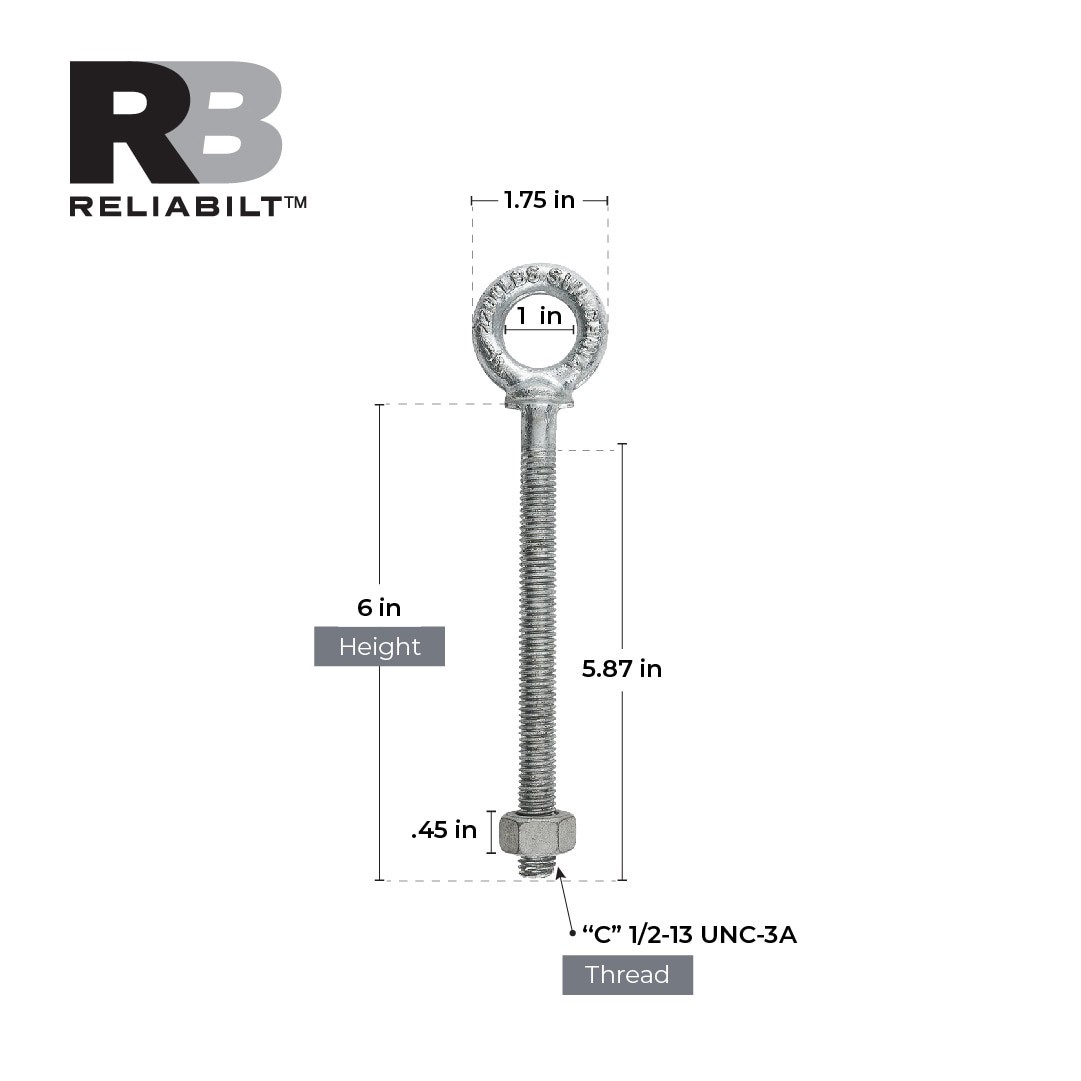 slide 3 of 6, RELIABILT 1/2-in 1/2-in x 6-in Galvanized Interior/Exterior Coarse Thread Eye Bolt, 1 ct