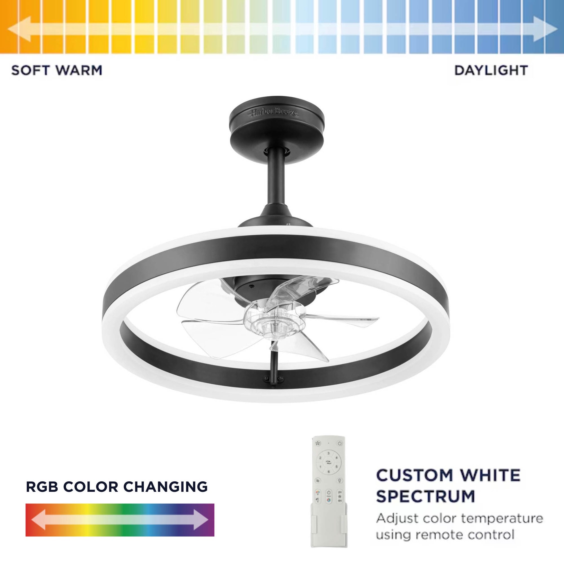 slide 2 of 6, Harbor Breeze Edenmore II 20-in Matte Black with Clear Blades Color-Changing Fandelier Ceiling Fan With Light 5 -Blade, 1 ct