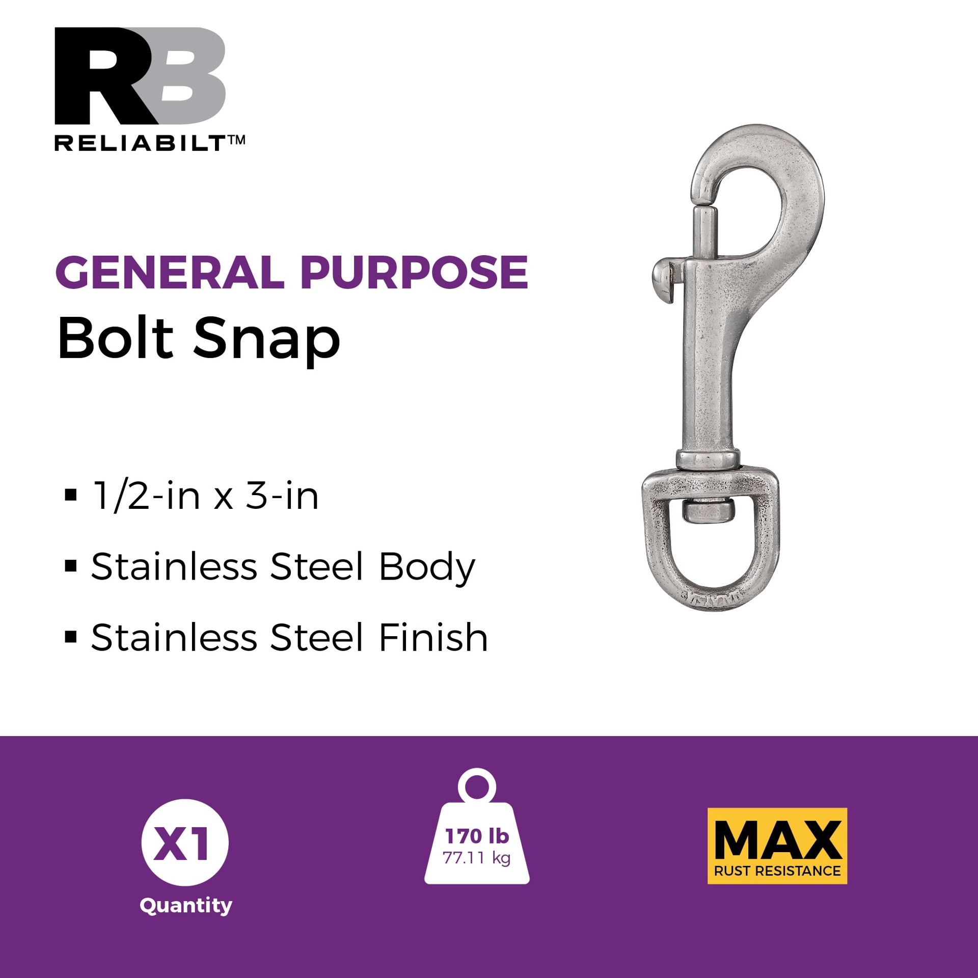 slide 2 of 6, RELIABILT N100-303- 1/2-in x 3-in Bolt Snap in Stainless Steel, 1 ct