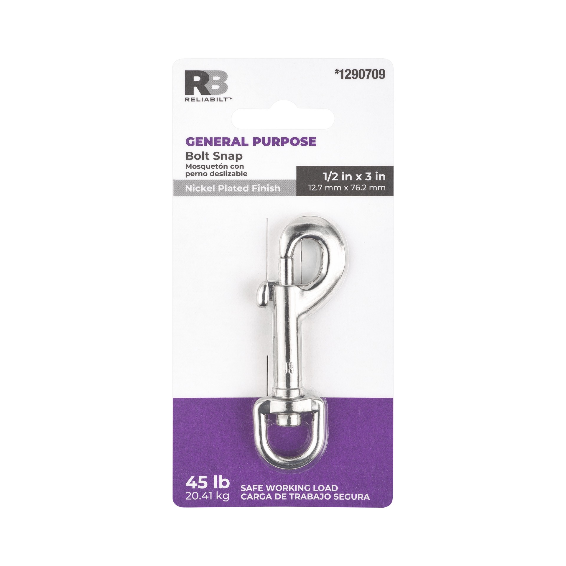 slide 5 of 6, RELIABILT N100-283- 1/2-in x 3-in Bolt Snap in Nickel, 1 ct