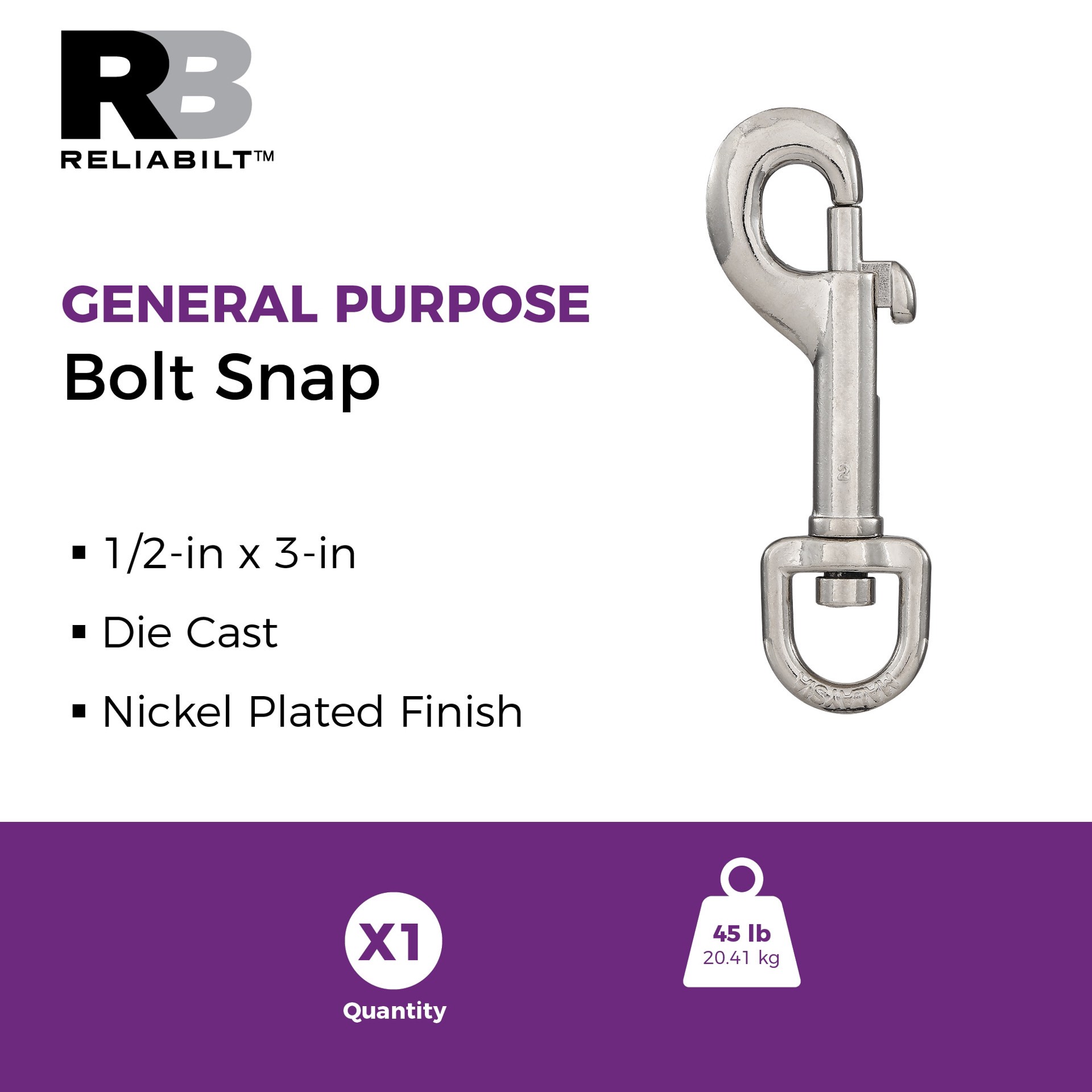slide 2 of 6, RELIABILT N100-283- 1/2-in x 3-in Bolt Snap in Nickel, 1 ct