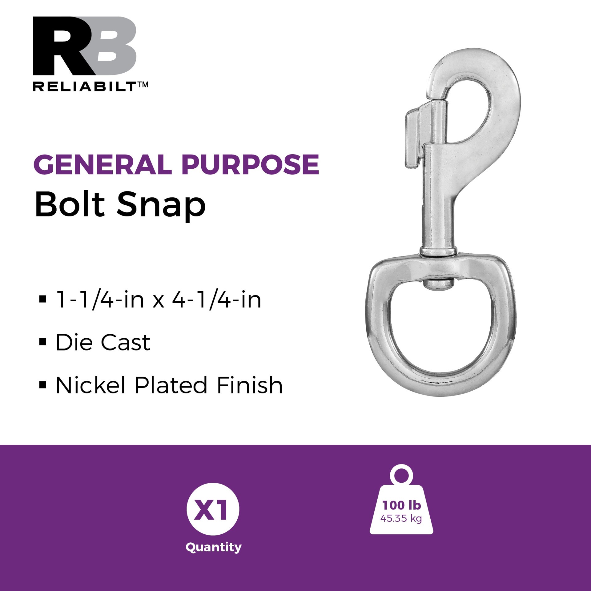 slide 2 of 6, RELIABILT N100-344- 1-1/4-in x 4-1/4-in Bolt Snap in Nickel, 1 ct