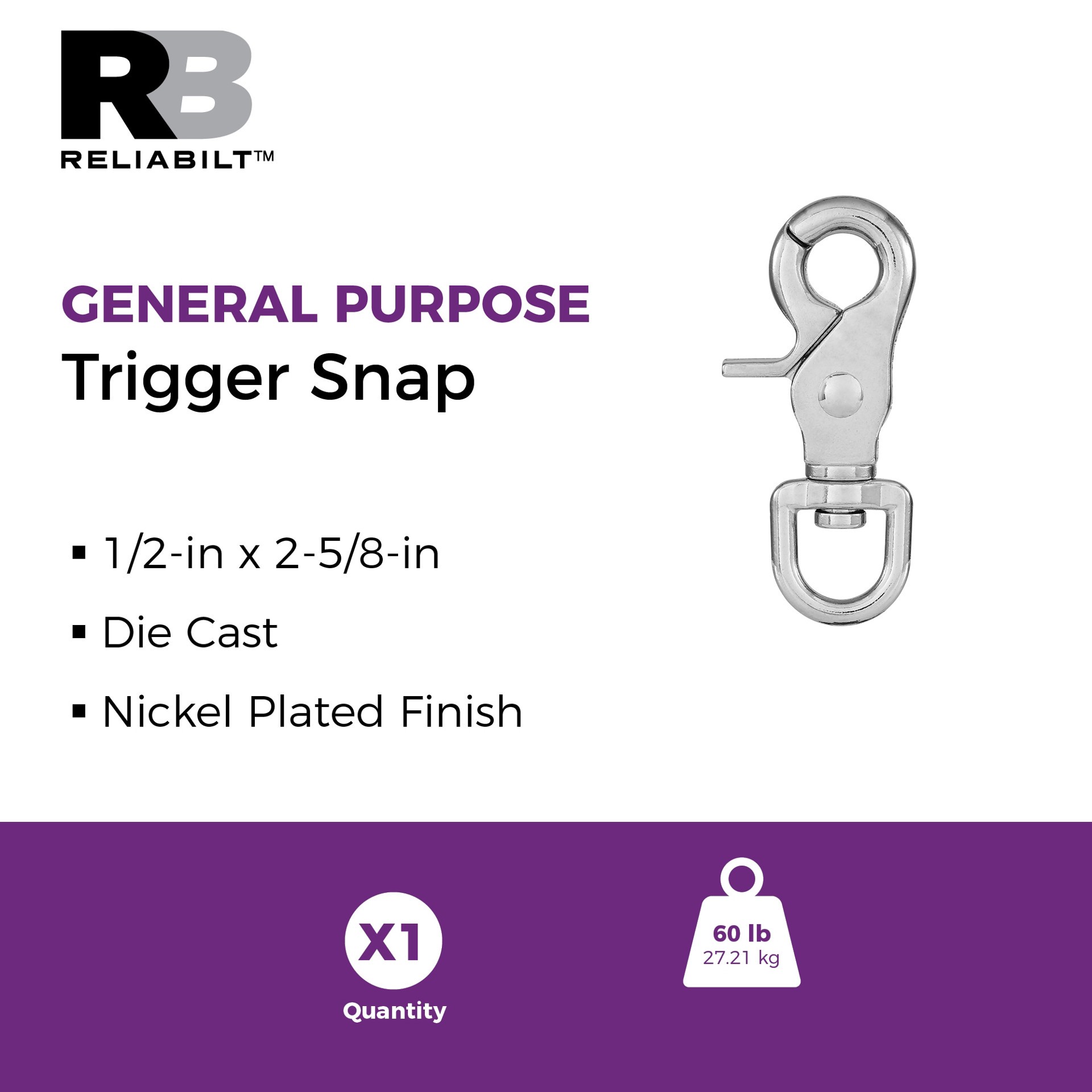 slide 2 of 6, RELIABILT N100-267- 1/2-in x 2-5/8-in Trigger Snap in Nickel, 1 ct