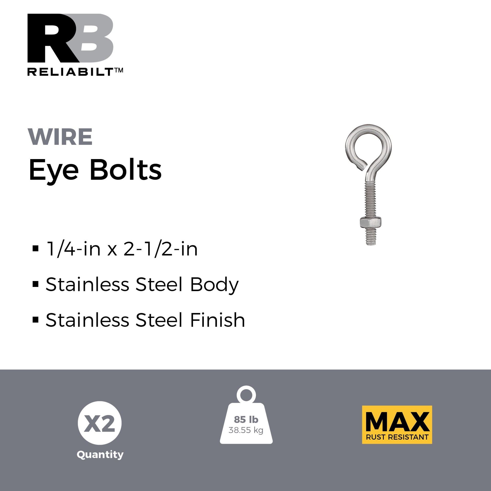 slide 2 of 6, RELIABILT 1/4-in 1/4-in x 2-1/2-in Stainless Interior/Exterior Coarse Thread Eye Bolt 2 -Count, 1 ct