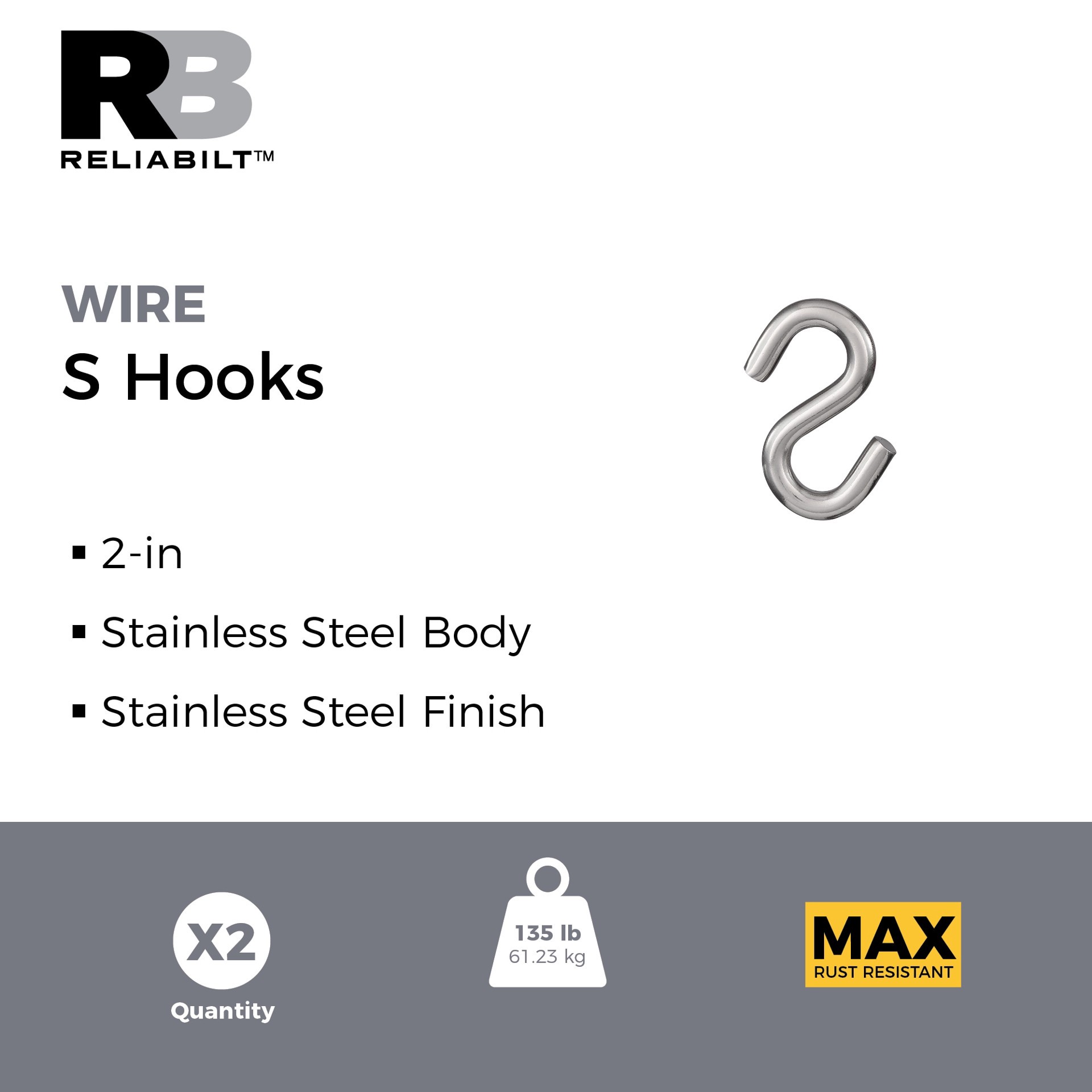 slide 2 of 6, RELIABILT 2-in Stainless Steel Stainless steel S-hook 2 -Pack, 1 ct