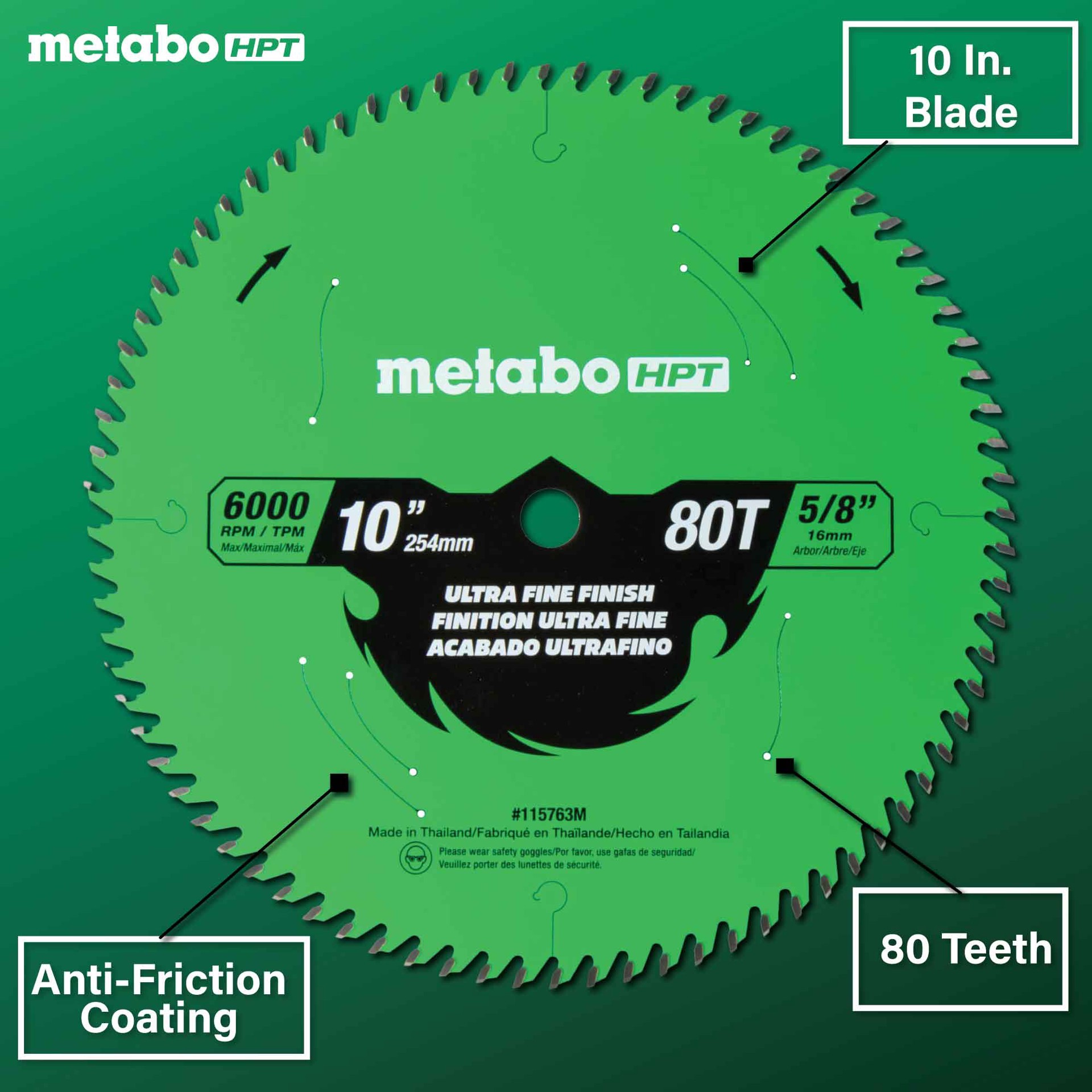 slide 4 of 6, Metabo HPT 10-in 80 -Tooth Ultra fine Finish Tungsten carbide-tipped steel Circular saw blade Individual, 1 ct