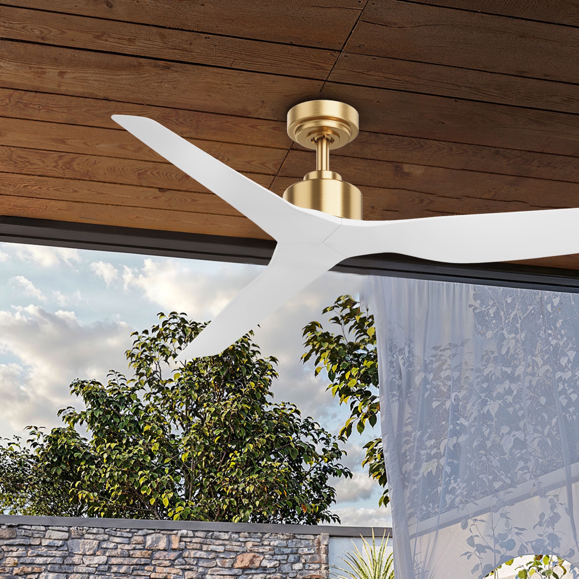 slide 2 of 6, ALTITUDE Skylark 52-in Matte Champagne with Matte White Blades Covered Outdoor Smart Propeller Ceiling Fan Without Light 3 -Blade, 1 ct