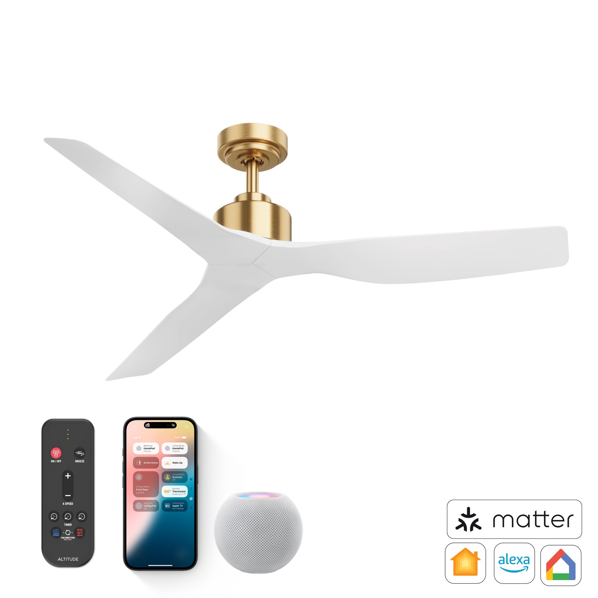 slide 3 of 6, ALTITUDE Skylark 52-in Matte Champagne with Matte White Blades Covered Outdoor Smart Propeller Ceiling Fan Without Light 3 -Blade, 1 ct