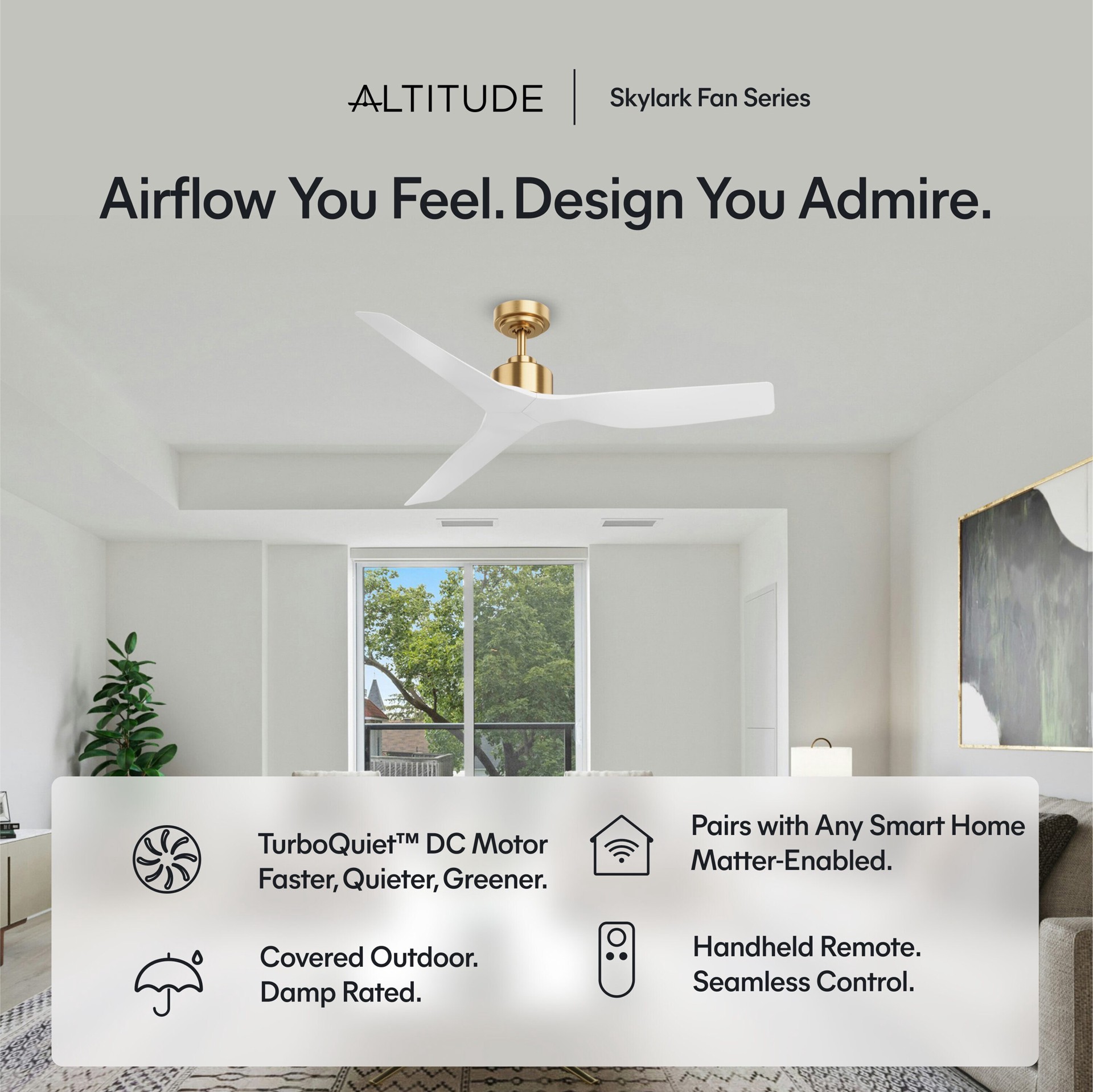 slide 5 of 6, ALTITUDE Skylark 52-in Matte Champagne with Matte White Blades Covered Outdoor Smart Propeller Ceiling Fan Without Light 3 -Blade, 1 ct