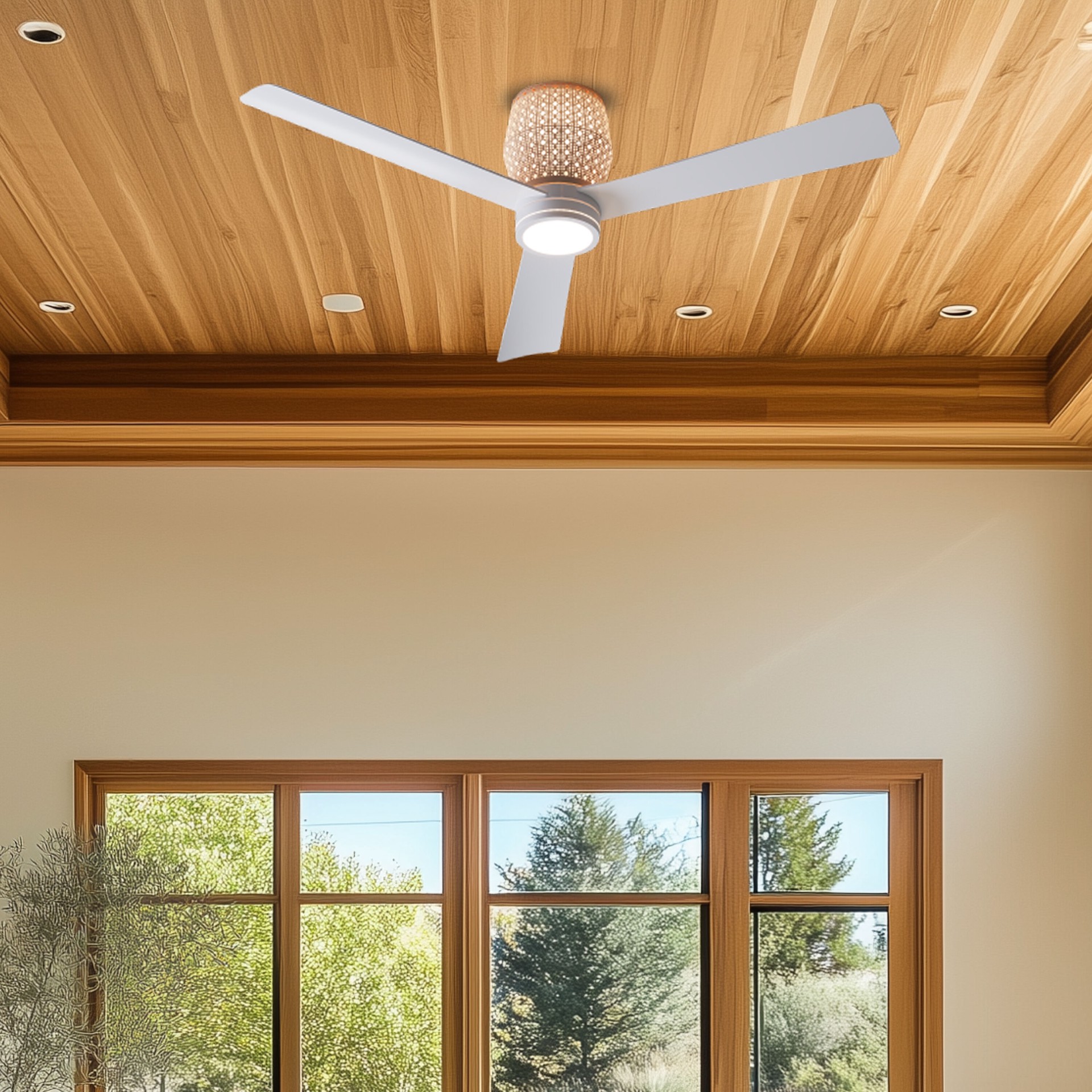 slide 2 of 6, ALTITUDE Banyan 52-in Matte White with Matte White Blades with Natural Rattan Top Cover Blades Color-Changing Integrated LED Covered Outdoor Smart Ceiling Fan With Light 3 -Blade, 1 ct