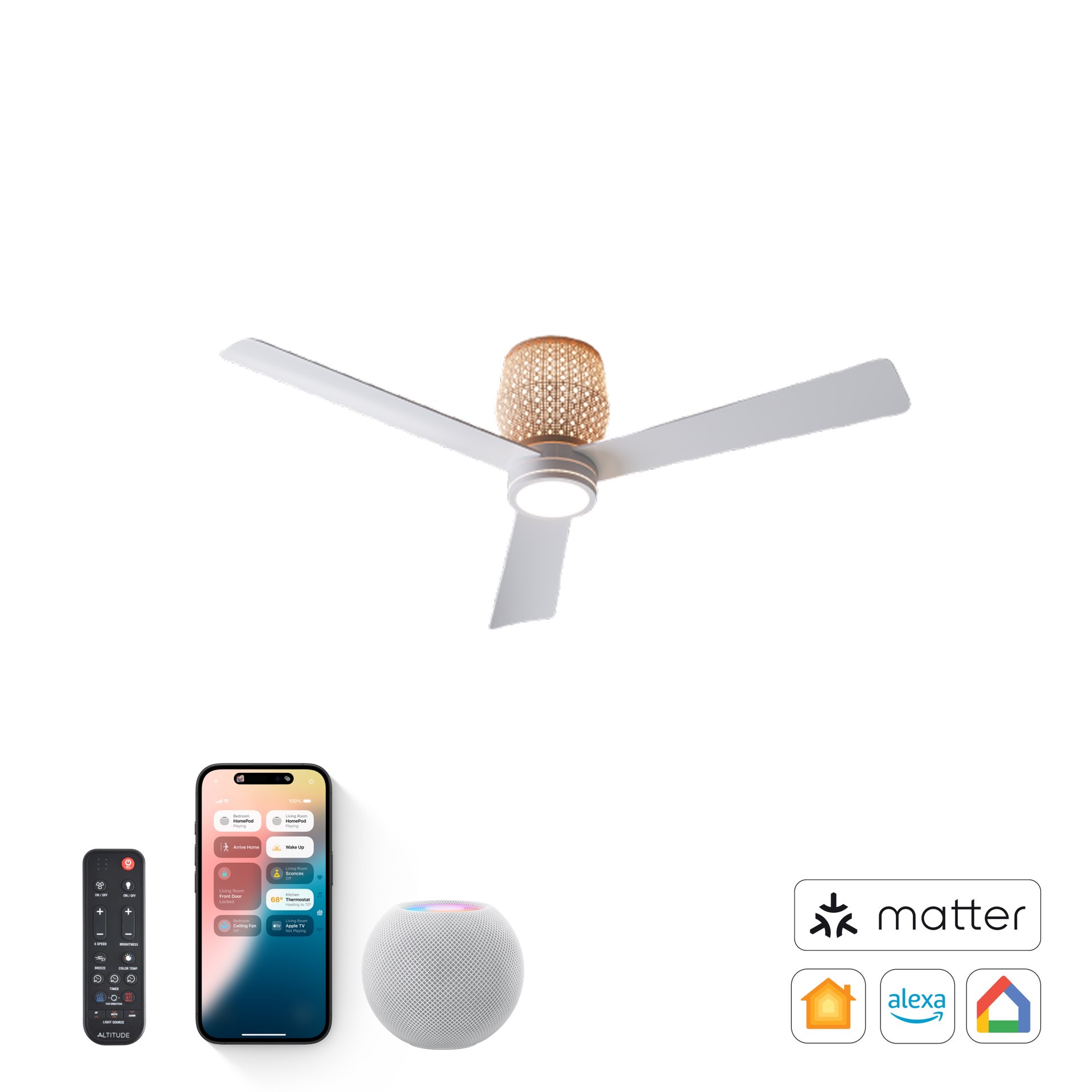 slide 3 of 6, ALTITUDE Banyan 52-in Matte White with Matte White Blades with Natural Rattan Top Cover Blades Color-Changing Integrated LED Covered Outdoor Smart Ceiling Fan With Light 3 -Blade, 1 ct