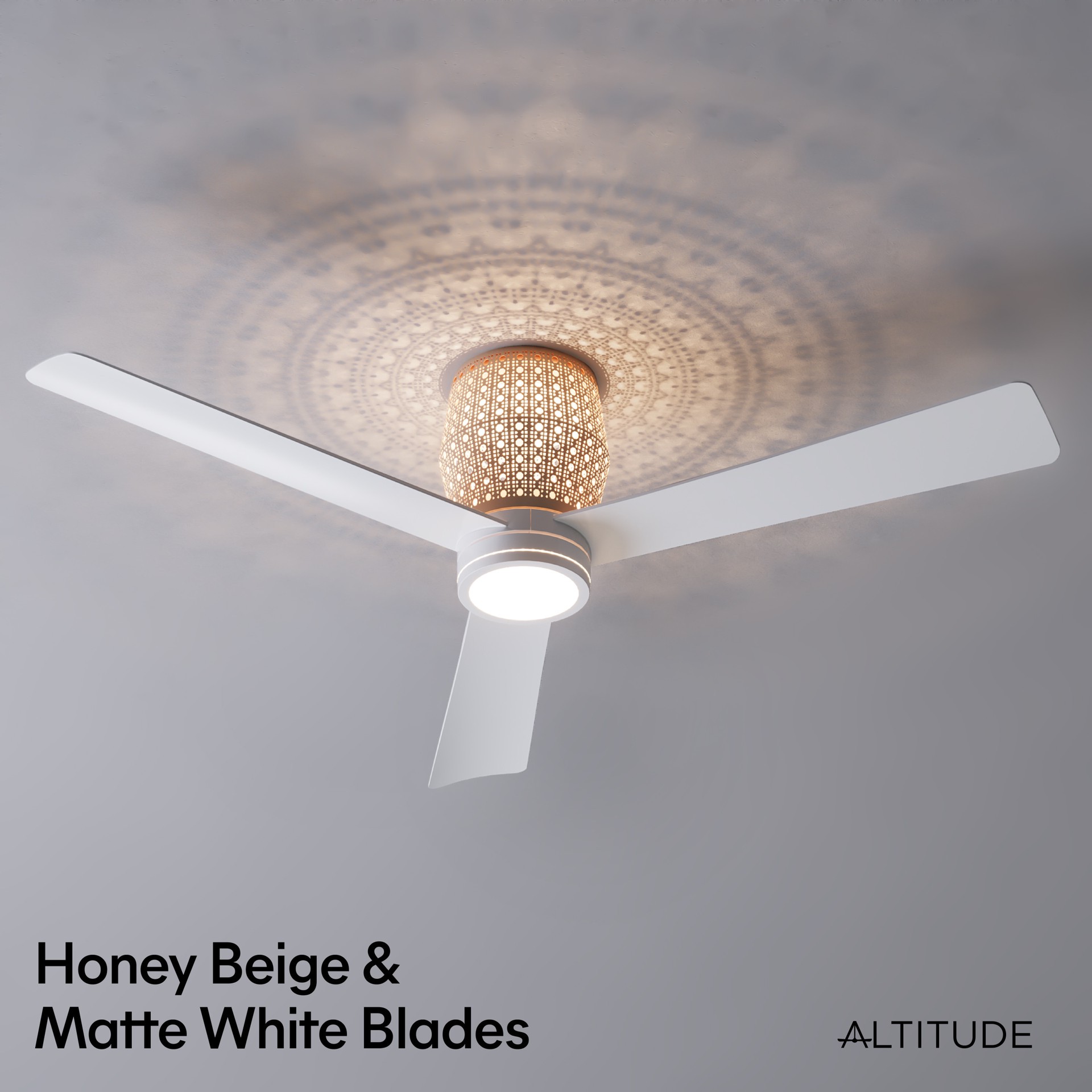 slide 4 of 6, ALTITUDE Banyan 52-in Matte White with Matte White Blades with Natural Rattan Top Cover Blades Color-Changing Integrated LED Covered Outdoor Smart Ceiling Fan With Light 3 -Blade, 1 ct
