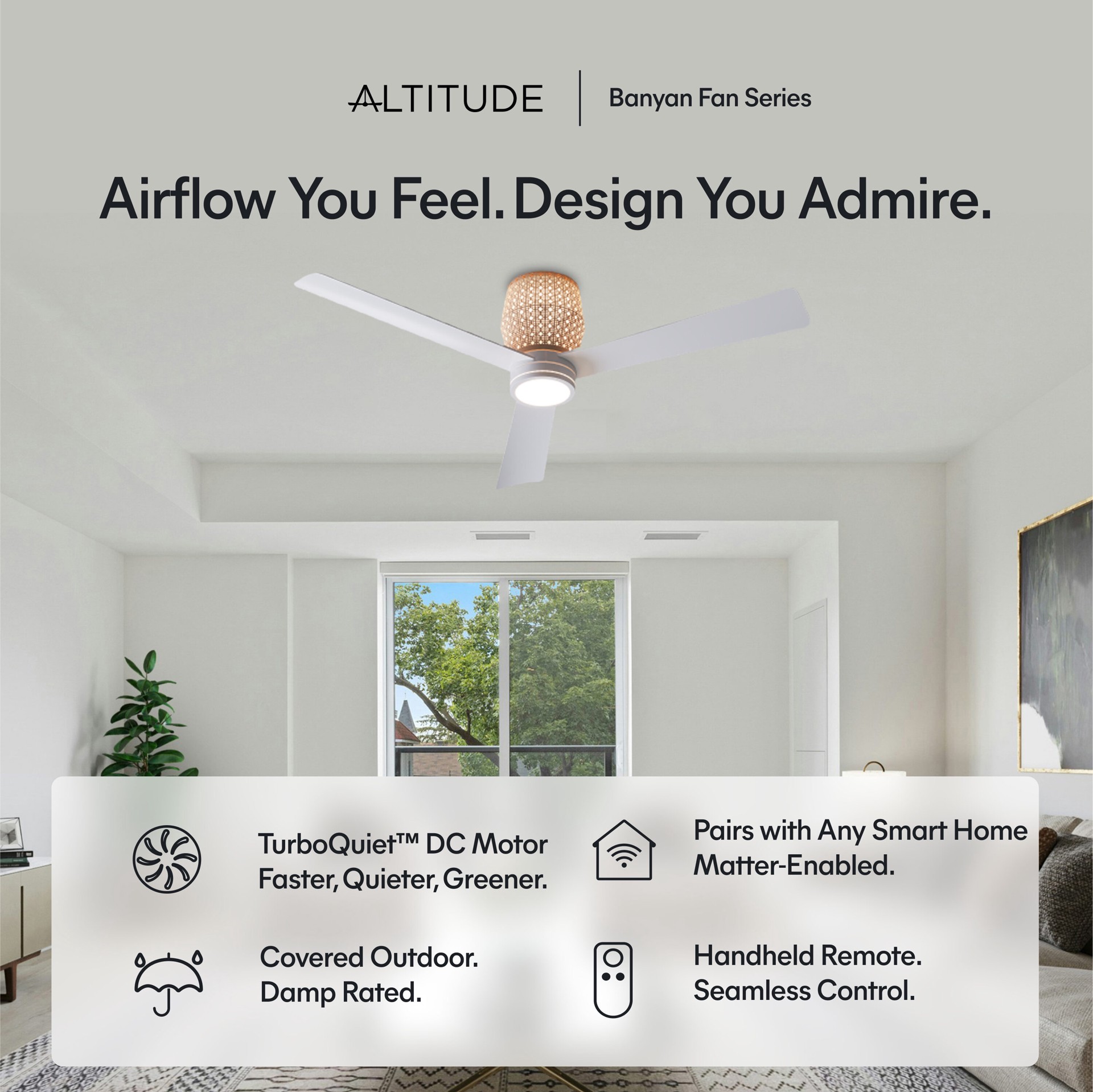 slide 5 of 6, ALTITUDE Banyan 52-in Matte White with Matte White Blades with Natural Rattan Top Cover Blades Color-Changing Integrated LED Covered Outdoor Smart Ceiling Fan With Light 3 -Blade, 1 ct