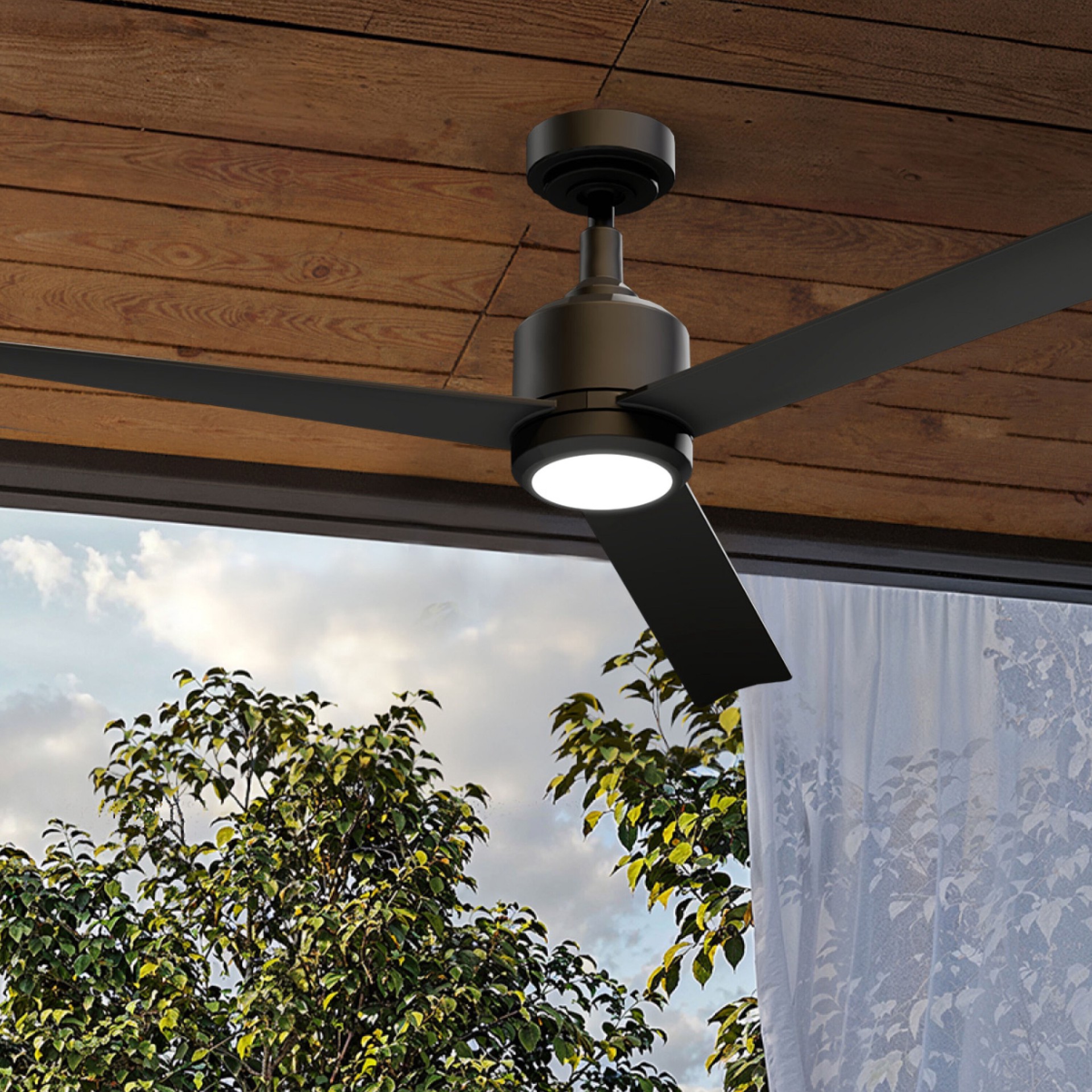 slide 2 of 6, ALTITUDE Troy 60-in Matte Black with Matte Black Blades Color-Changing Integrated LED Covered Outdoor Ceiling Fan With Light 3 -Blade, 1 ct
