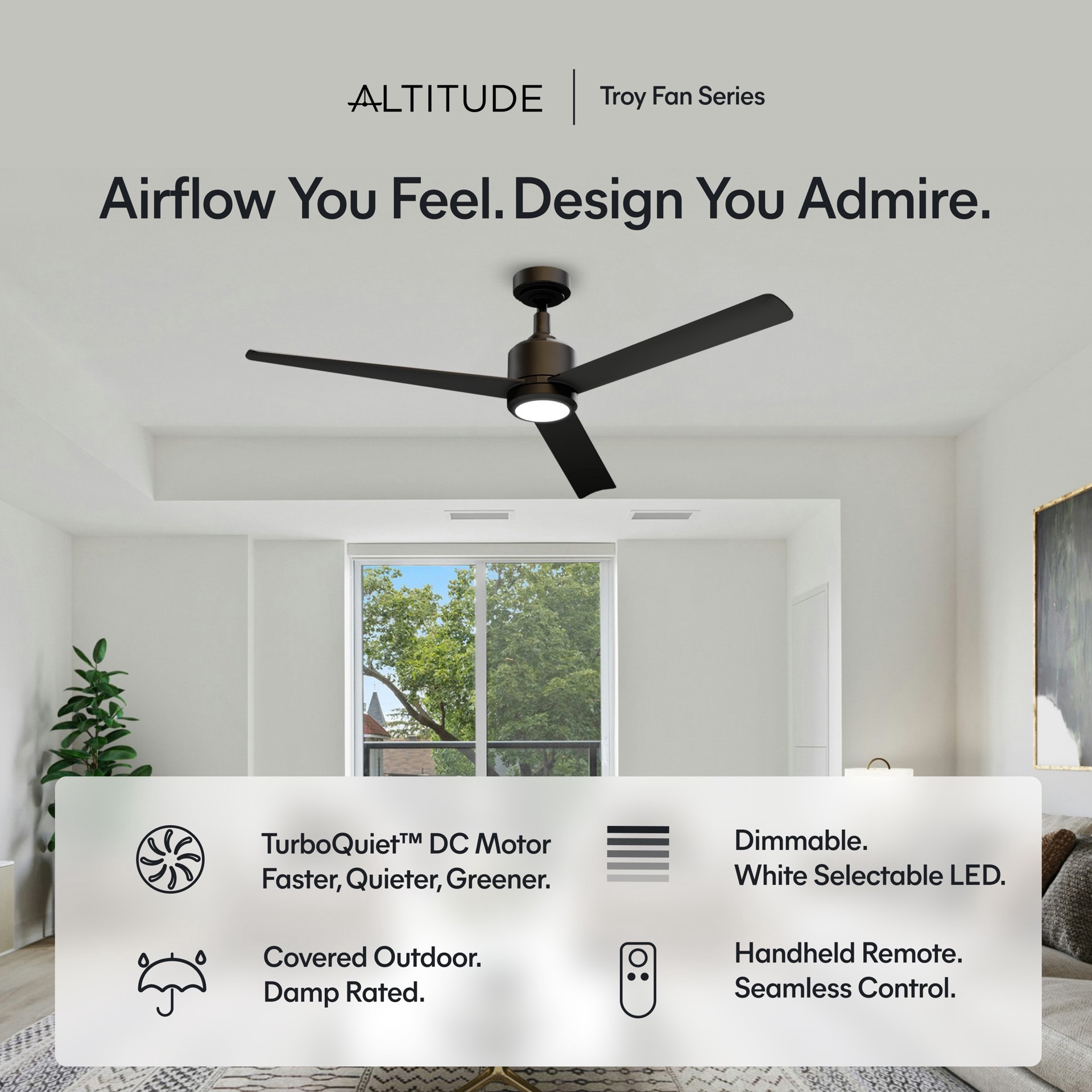 slide 5 of 6, ALTITUDE Troy 60-in Matte Black with Matte Black Blades Color-Changing Integrated LED Covered Outdoor Ceiling Fan With Light 3 -Blade, 1 ct