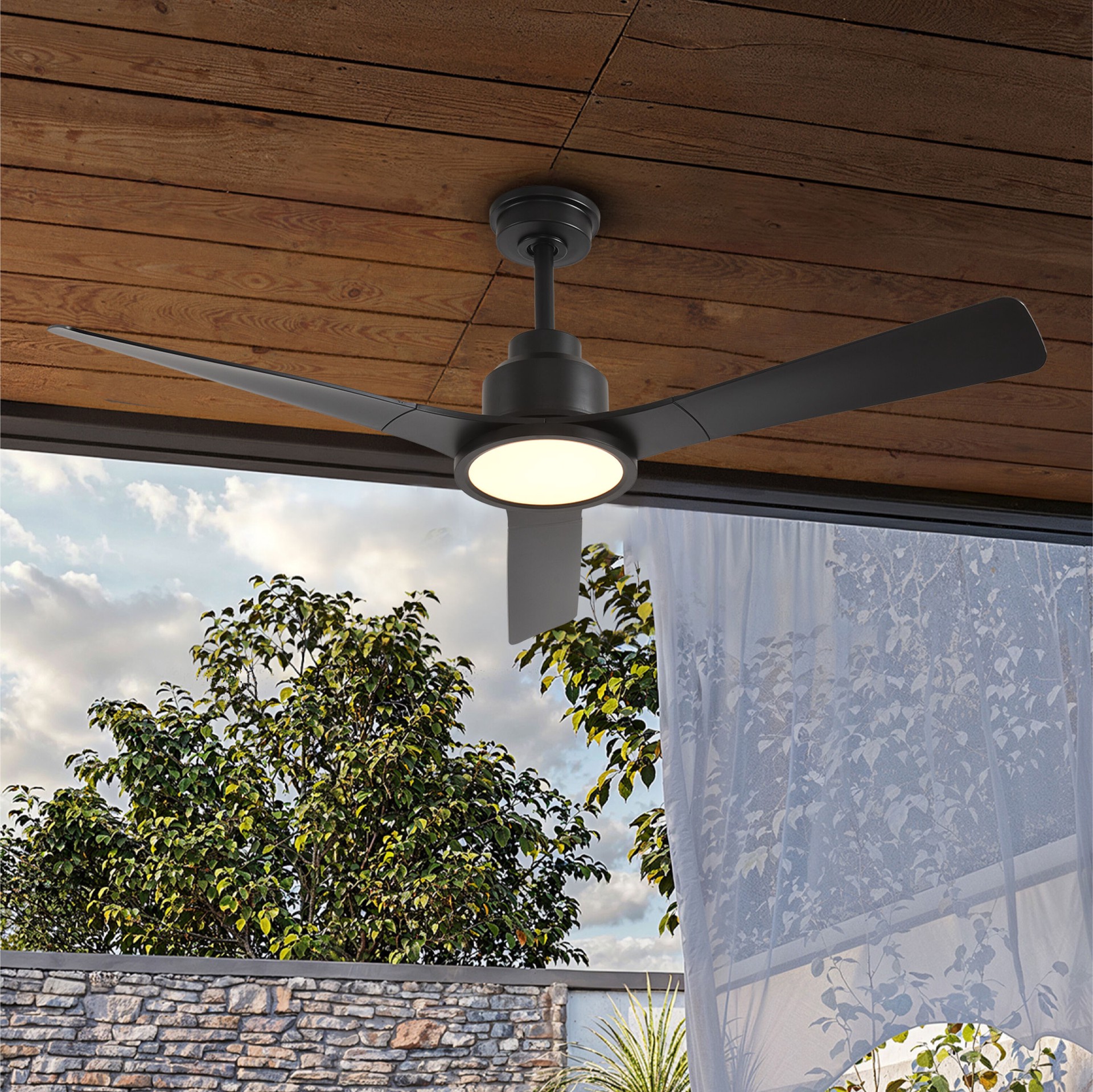 slide 2 of 6, ALTITUDE Trinity 52-in Matte Black with Matte Black Blades Color-Changing Integrated LED Covered Outdoor Smart Propeller Ceiling Fan With Light 3 -Blade, 1 ct