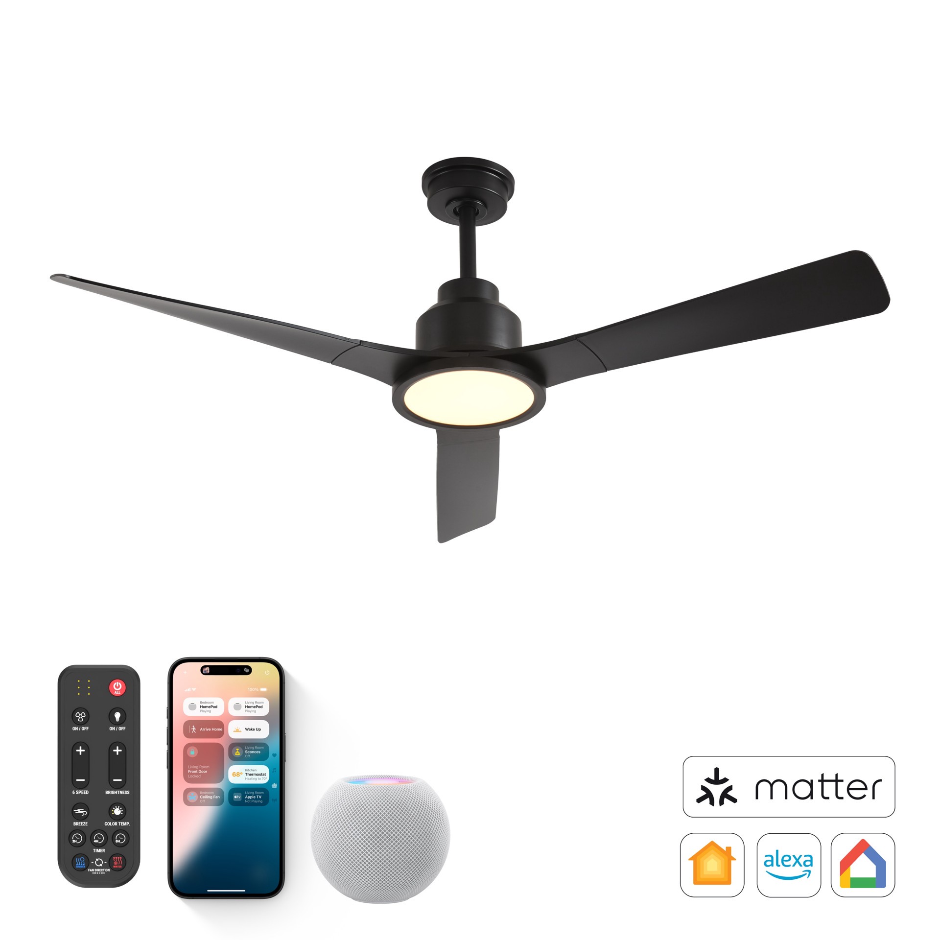 slide 3 of 6, ALTITUDE Trinity 52-in Matte Black with Matte Black Blades Color-Changing Integrated LED Covered Outdoor Smart Propeller Ceiling Fan With Light 3 -Blade, 1 ct
