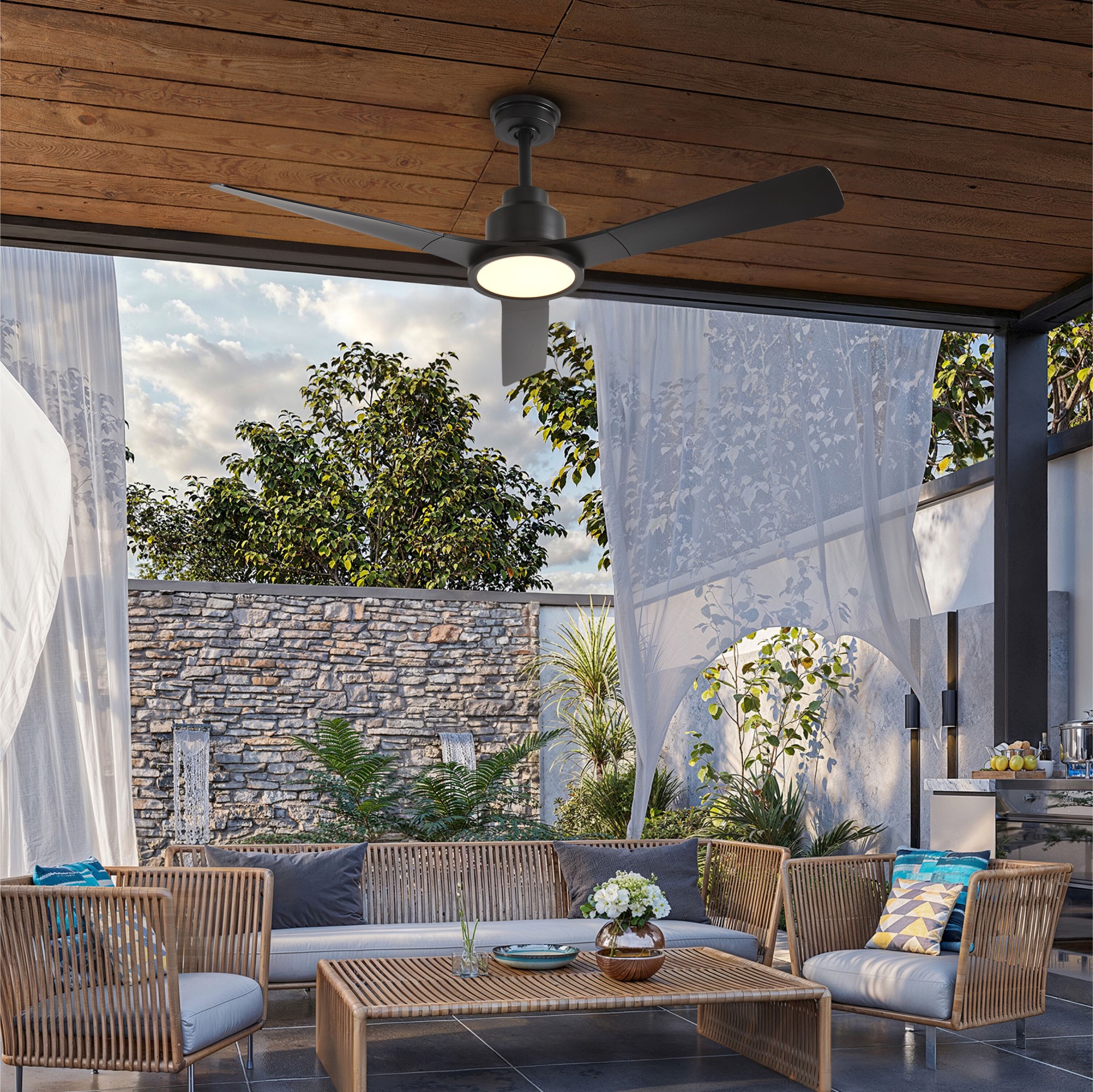 slide 6 of 6, ALTITUDE Trinity 52-in Matte Black with Matte Black Blades Color-Changing Integrated LED Covered Outdoor Smart Propeller Ceiling Fan With Light 3 -Blade, 1 ct