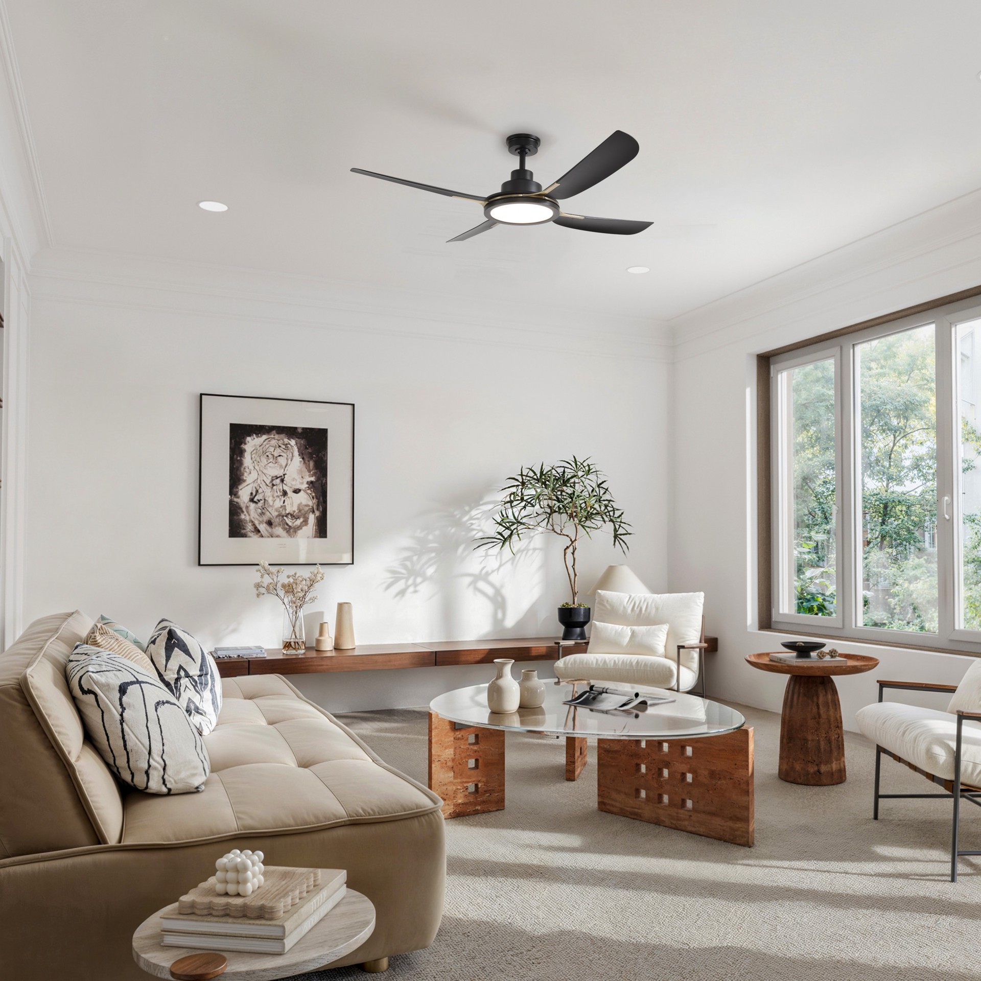 slide 2 of 6, ALTITUDE Sakai 56-in Matte Black with Matte Black Blades Color-Changing Integrated LED Covered Outdoor Smart Ceiling Fan With Light 4 -Blade, 1 ct