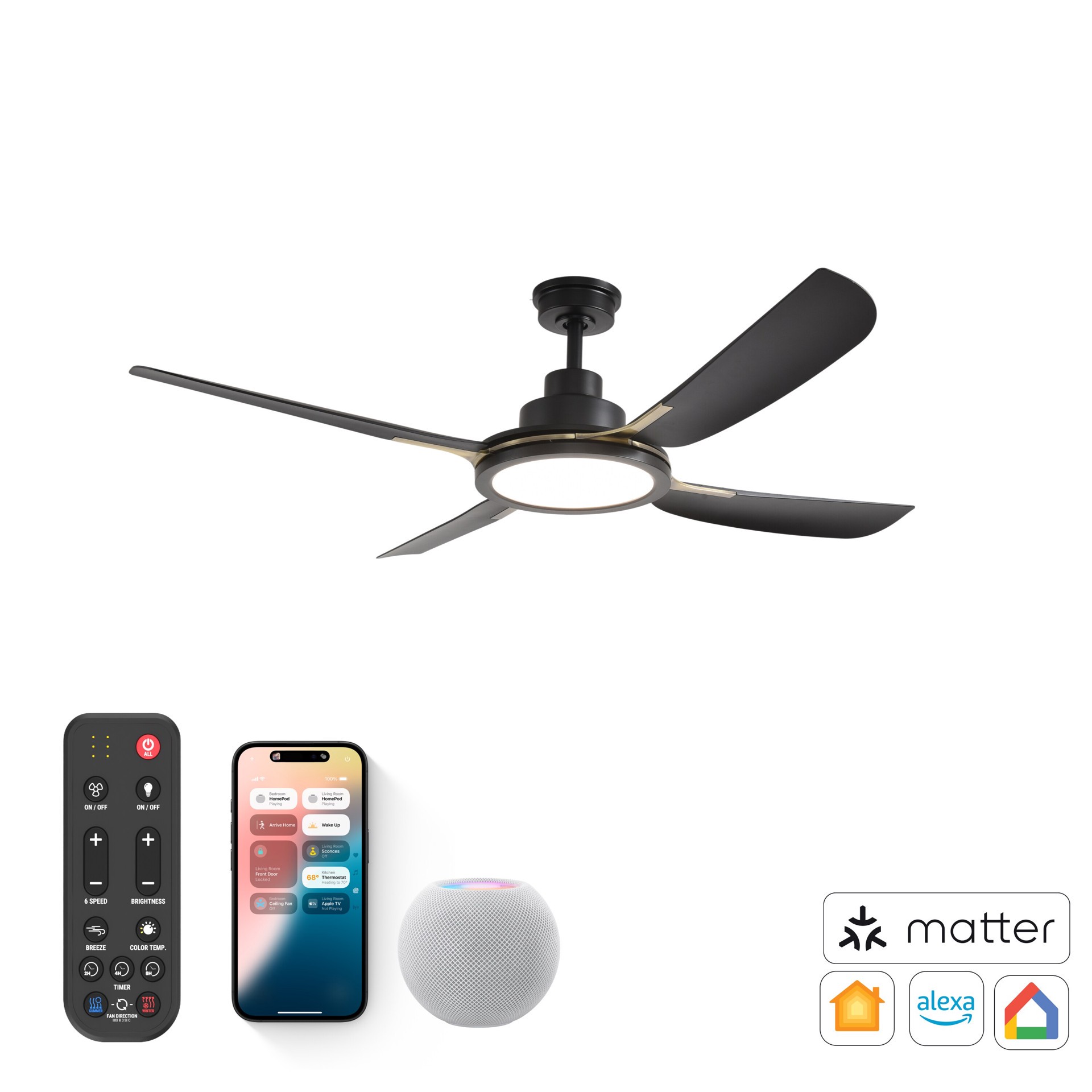 slide 3 of 6, ALTITUDE Sakai 56-in Matte Black with Matte Black Blades Color-Changing Integrated LED Covered Outdoor Smart Ceiling Fan With Light 4 -Blade, 1 ct