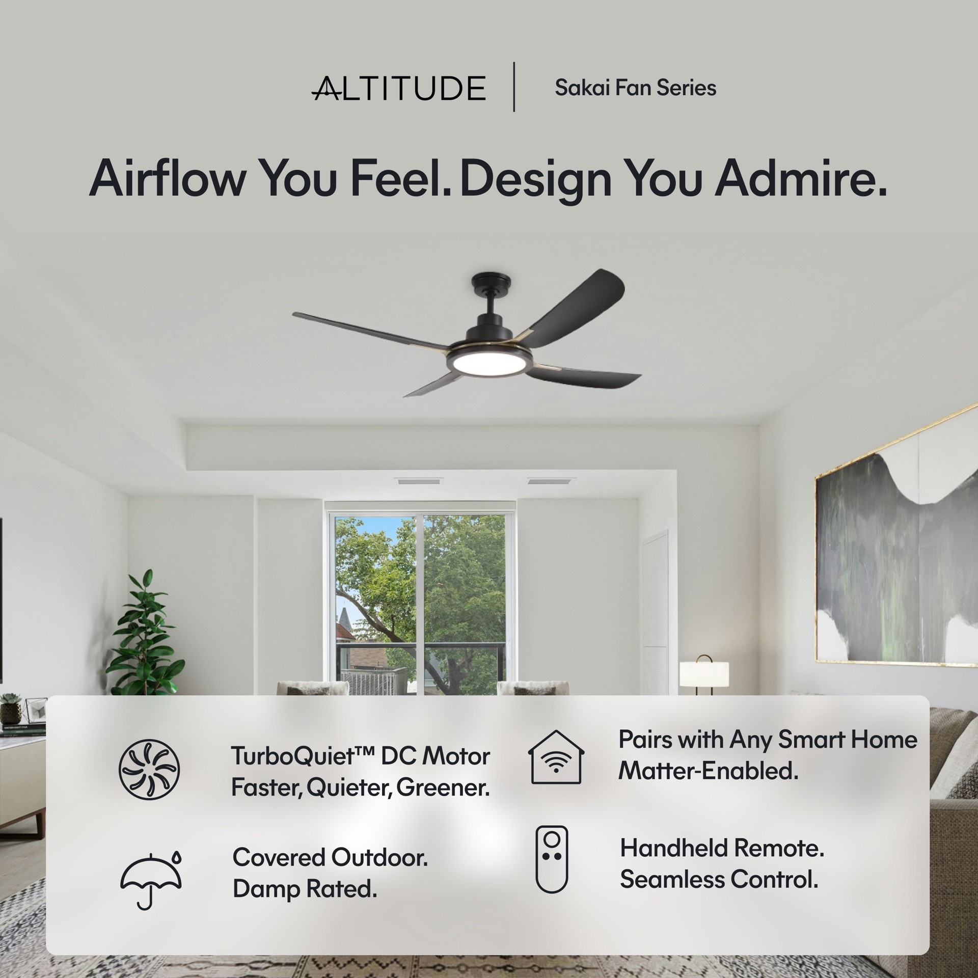 slide 5 of 6, ALTITUDE Sakai 56-in Matte Black with Matte Black Blades Color-Changing Integrated LED Covered Outdoor Smart Ceiling Fan With Light 4 -Blade, 1 ct