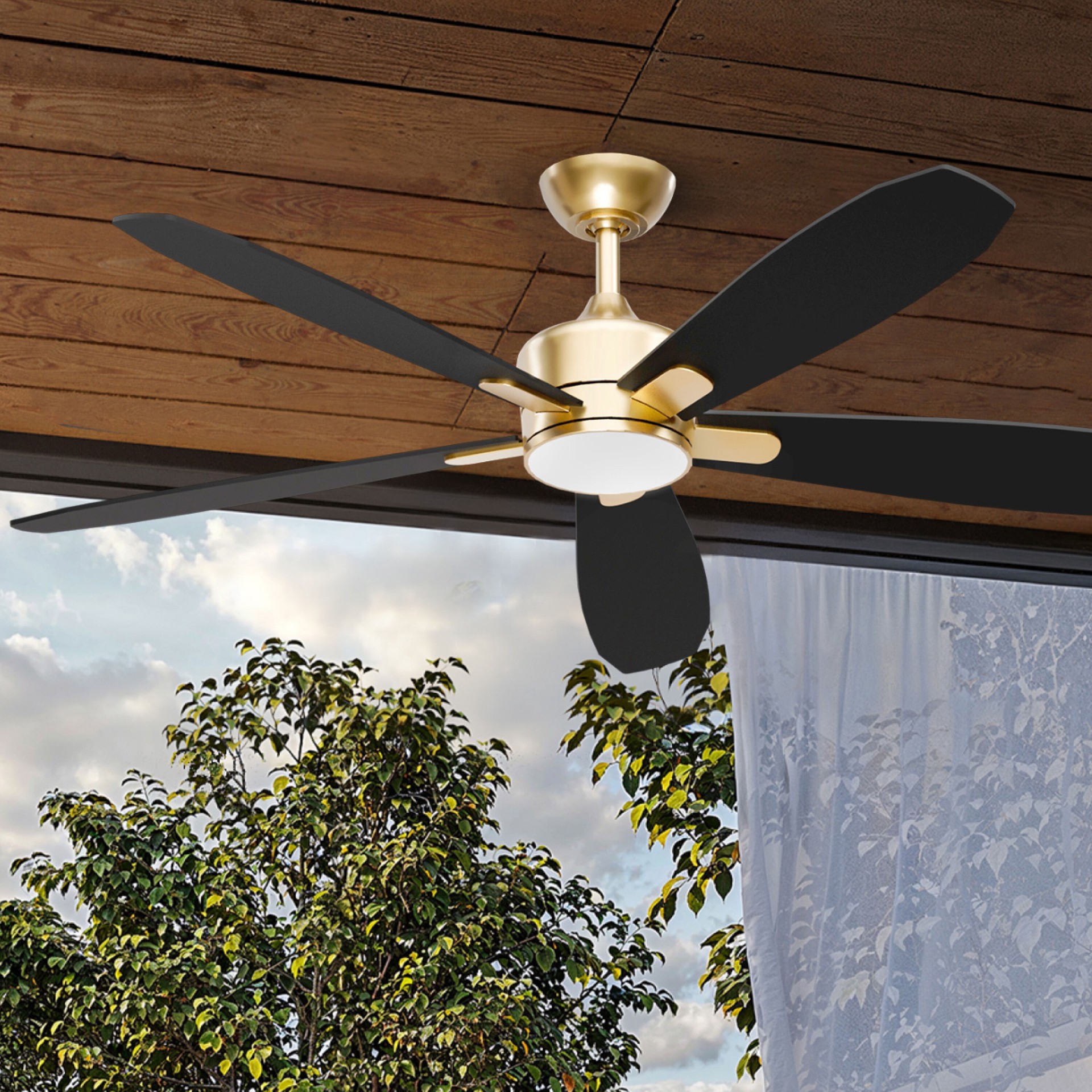 slide 2 of 6, ALTITUDE Dragonfly 56-in Matte Champagne with Plywood Blades Blades Color-Changing Integrated LED Covered Outdoor Smart Ceiling Fan With Light and Remote Included 5 -Blade, 1 ct