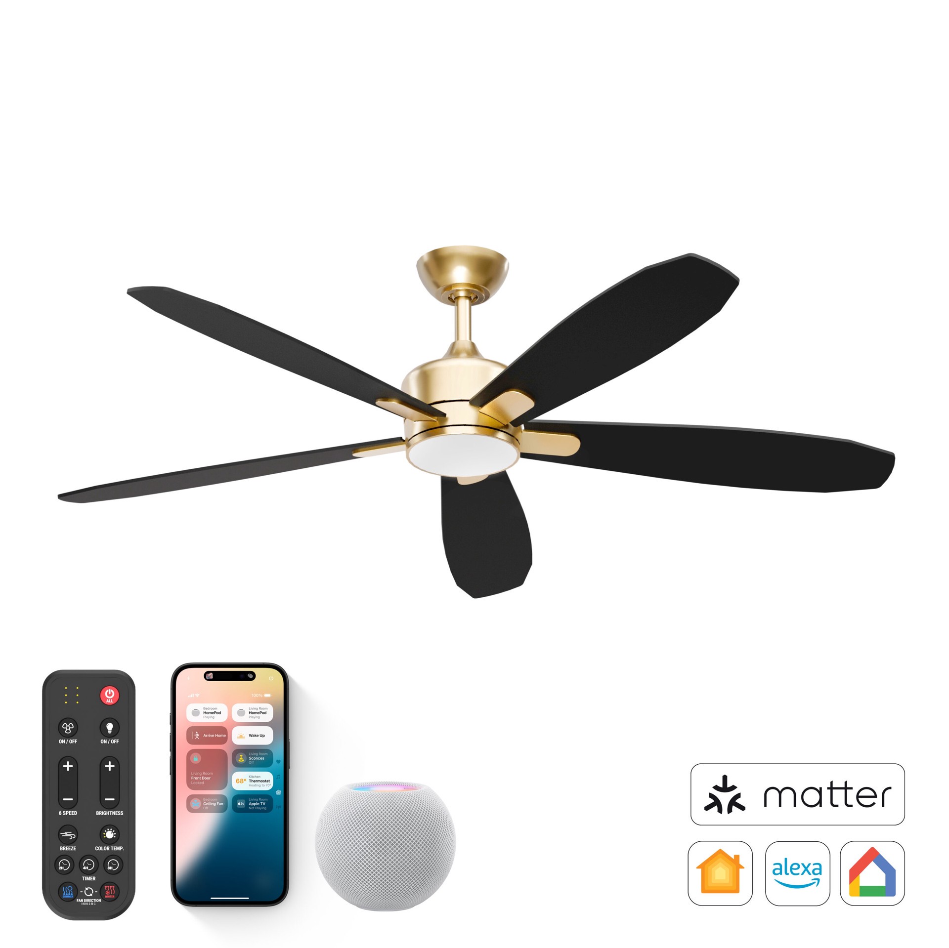 slide 3 of 6, ALTITUDE Dragonfly 56-in Matte Champagne with Plywood Blades Blades Color-Changing Integrated LED Covered Outdoor Smart Ceiling Fan With Light and Remote Included 5 -Blade, 1 ct