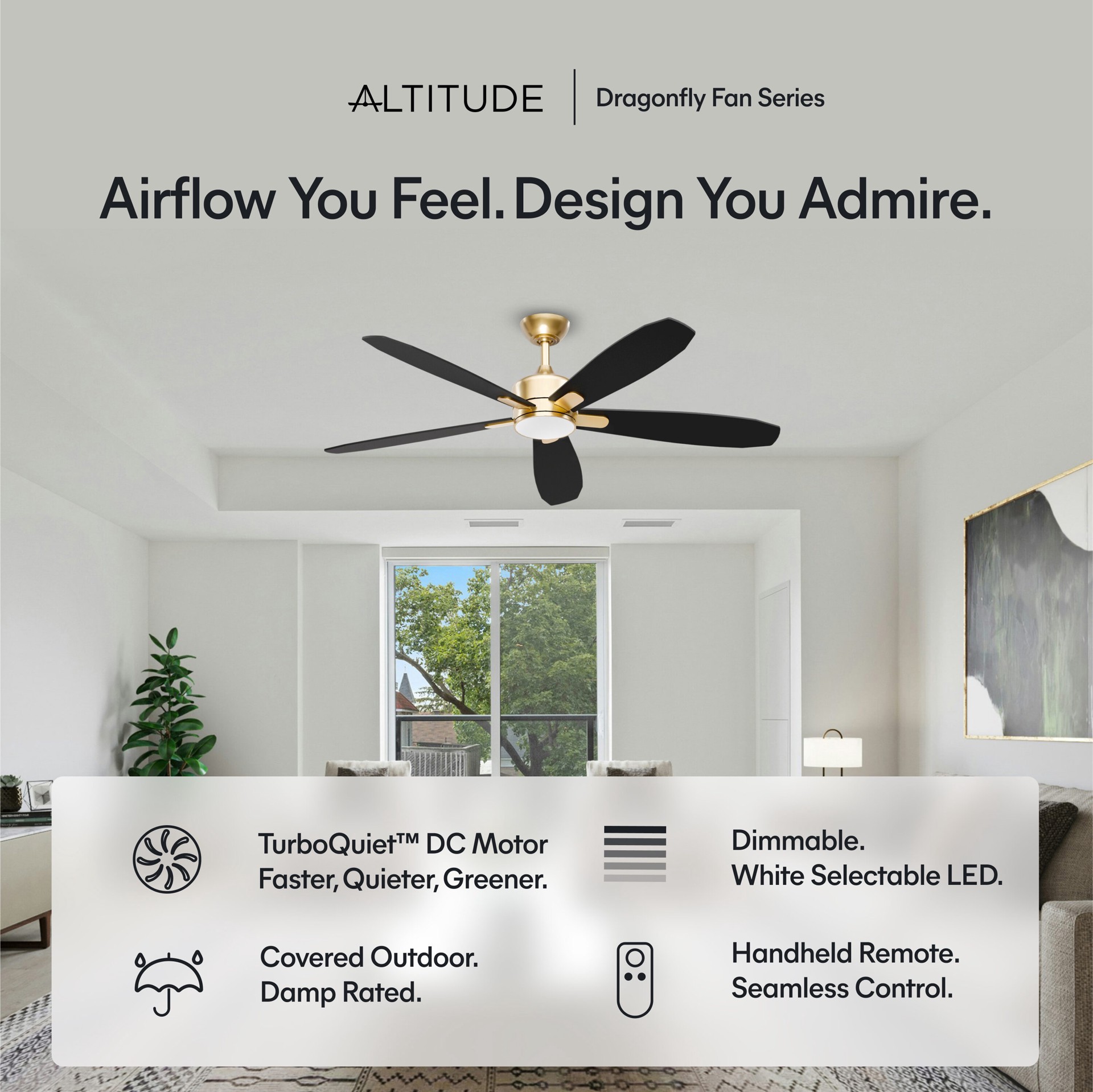 slide 5 of 6, ALTITUDE Dragonfly 56-in Matte Champagne with Plywood Blades Blades Color-Changing Integrated LED Covered Outdoor Smart Ceiling Fan With Light and Remote Included 5 -Blade, 1 ct