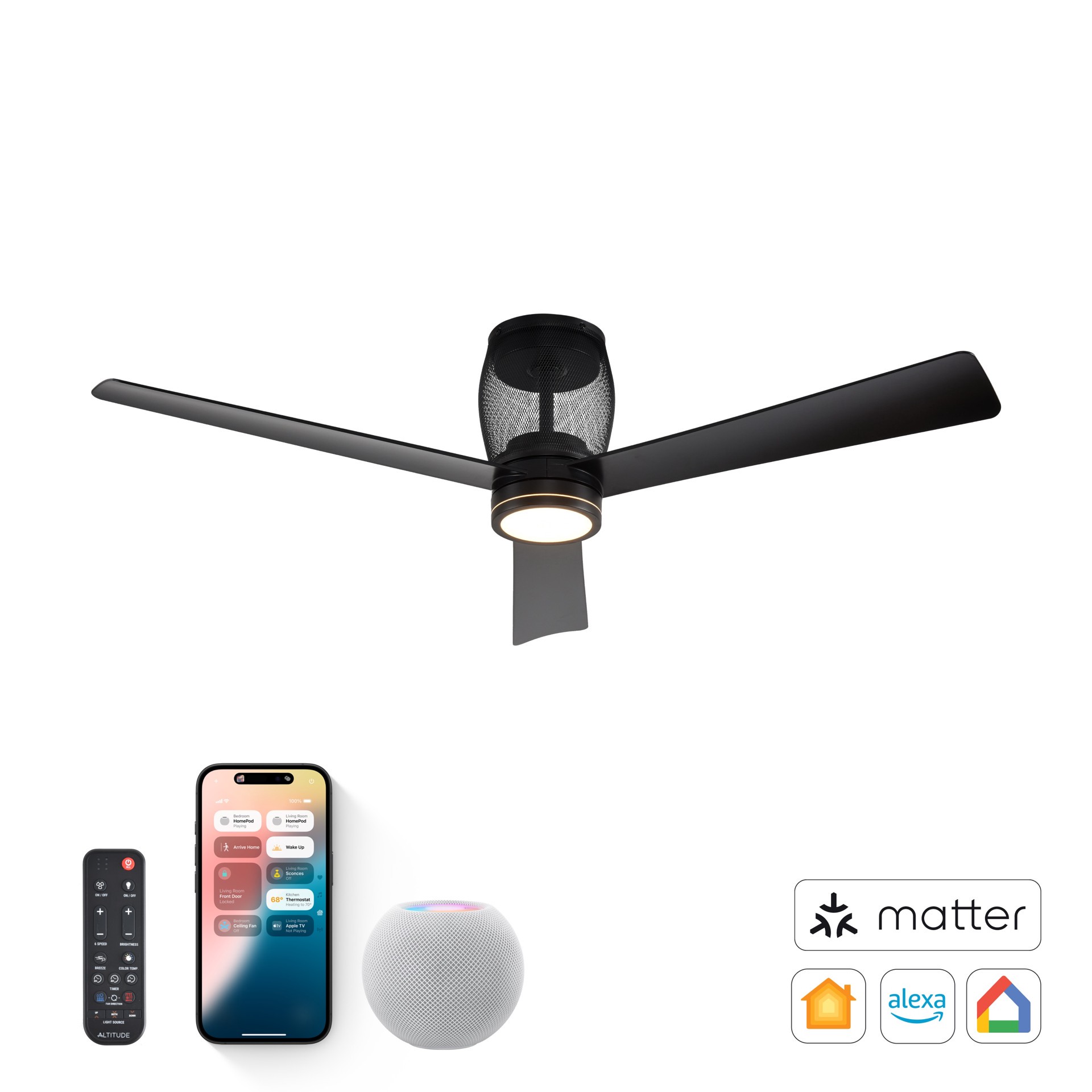 slide 3 of 6, ALTITUDE Moxy 52-in Matte Black with Matte Black Blades Color-Changing Integrated LED Covered Outdoor Smart Cage Ceiling Fan With Light 3 -Blade, 1 ct