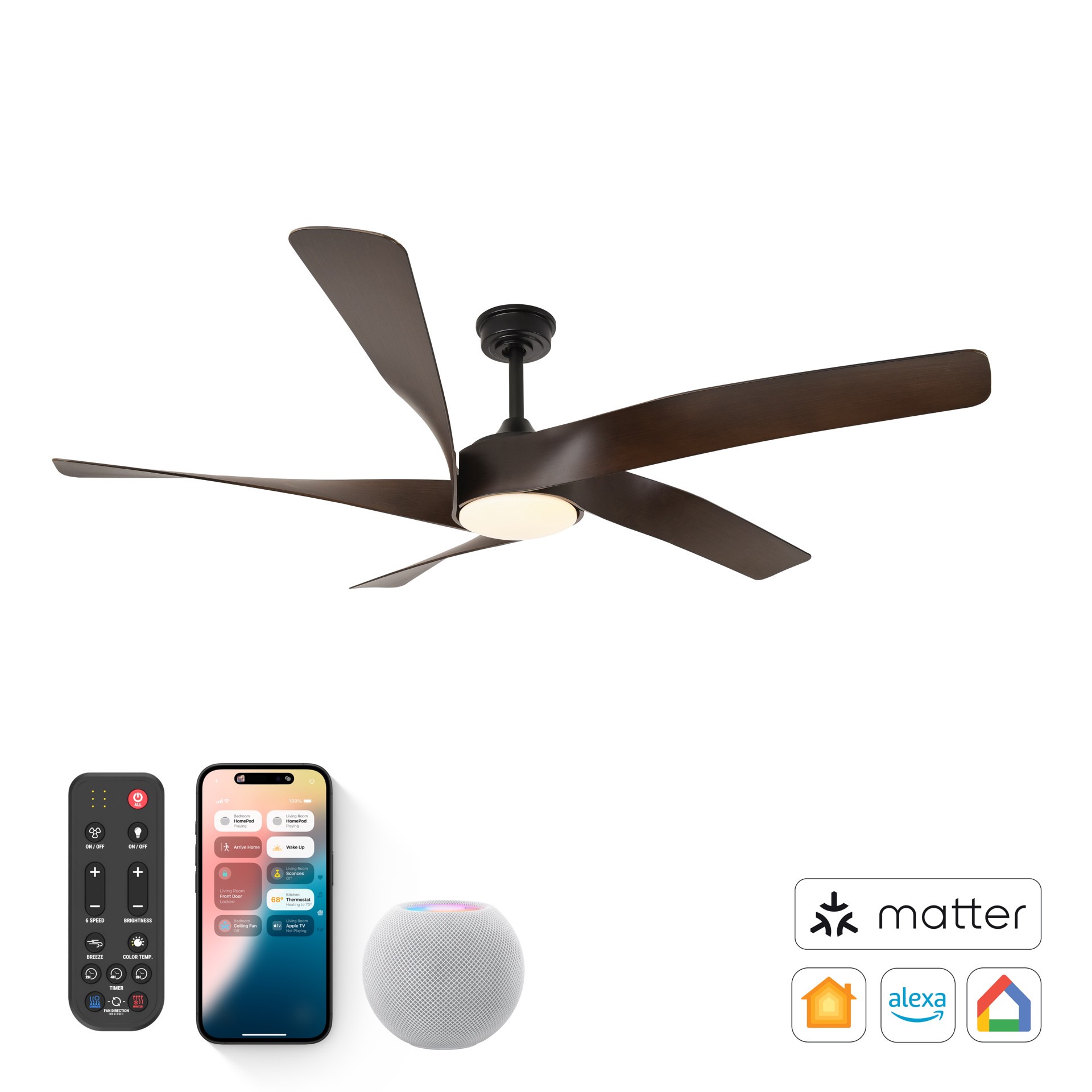 slide 3 of 6, ALTITUDE Mighty Condor 60-in Color-Changing Integrated LED Outdoor Smart Matte Black with Dark Brown Blades Blades Ceiling Fan With Light - Remote Included ( 5 -Blade ), 1 ct