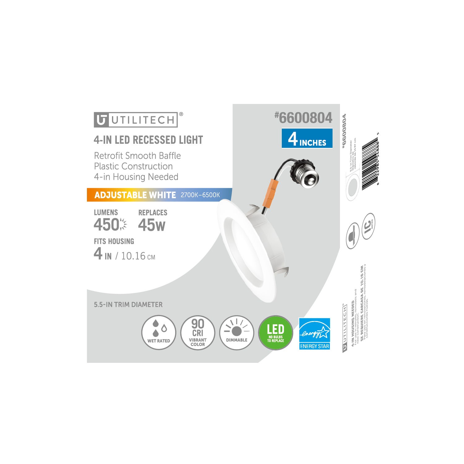 slide 2 of 6, Utilitech White 4-in 450 -Lumens Switchable white Round Dimmable LED Wet rated Recessed Downlight, 1 ct