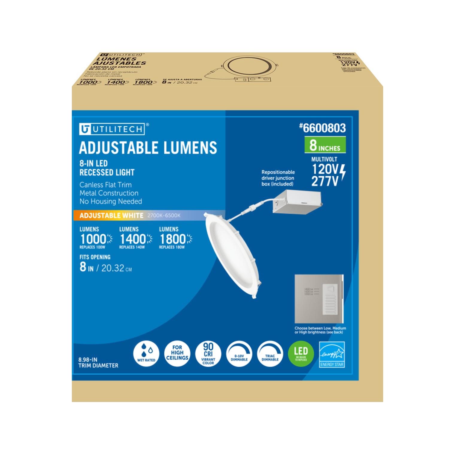 slide 2 of 6, Utilitech White 8-in 1800 -Lumens Switchable white Round Dimmable LED Canless Wet rated Recessed Downlight, 1 ct