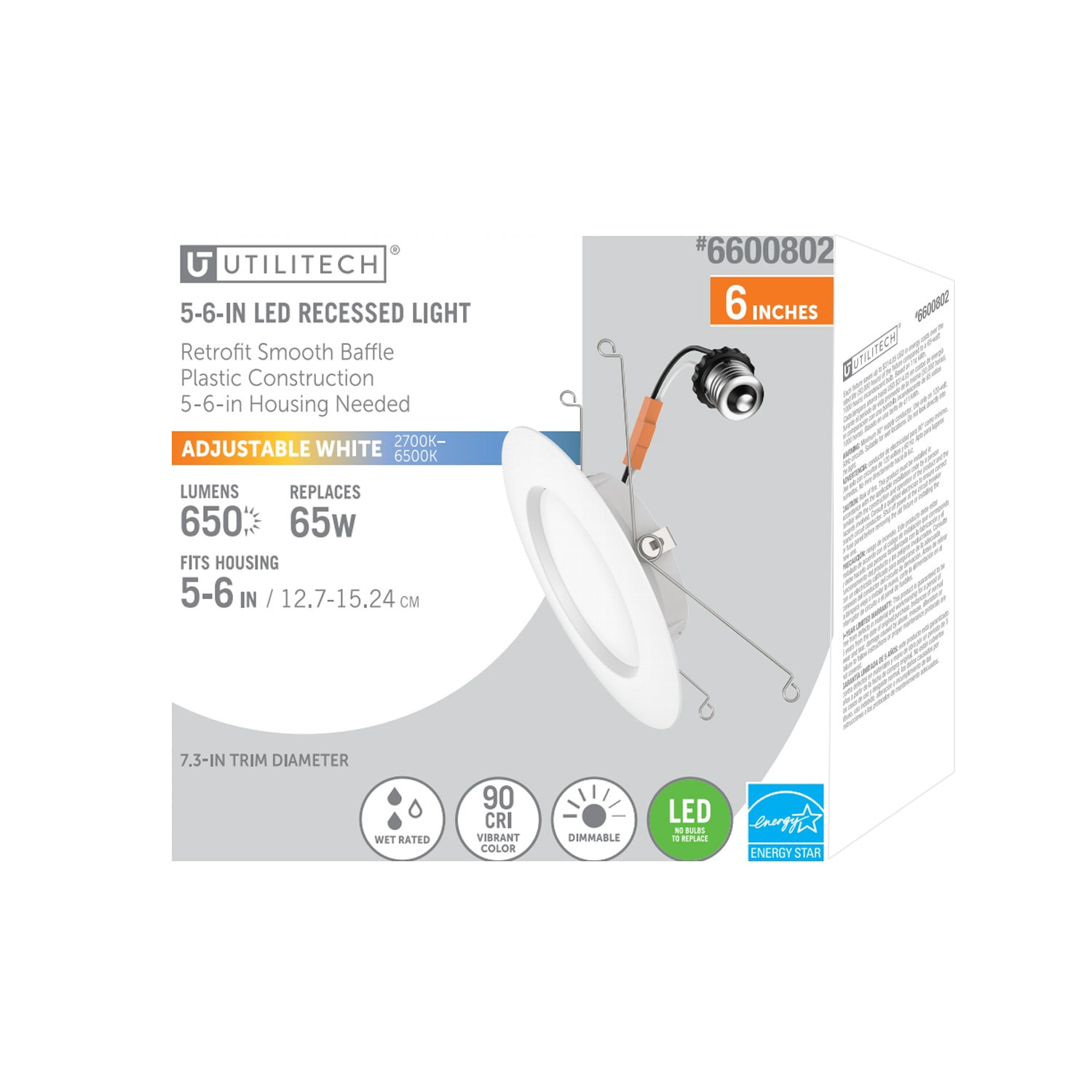 slide 2 of 6, Utilitech White 6-in 650 -Lumens Switchable white Round Dimmable LED Wet rated Recessed Downlight, 1 ct