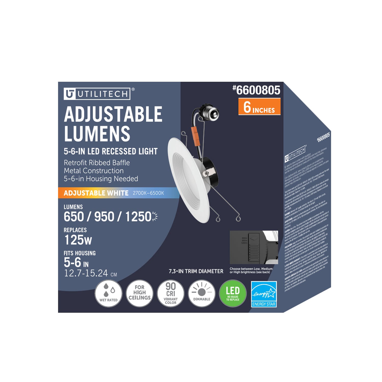 slide 2 of 6, Utilitech White 6-in 1250 -Lumens Switchable white Round Dimmable LED Wet rated Recessed Downlight, 1 ct