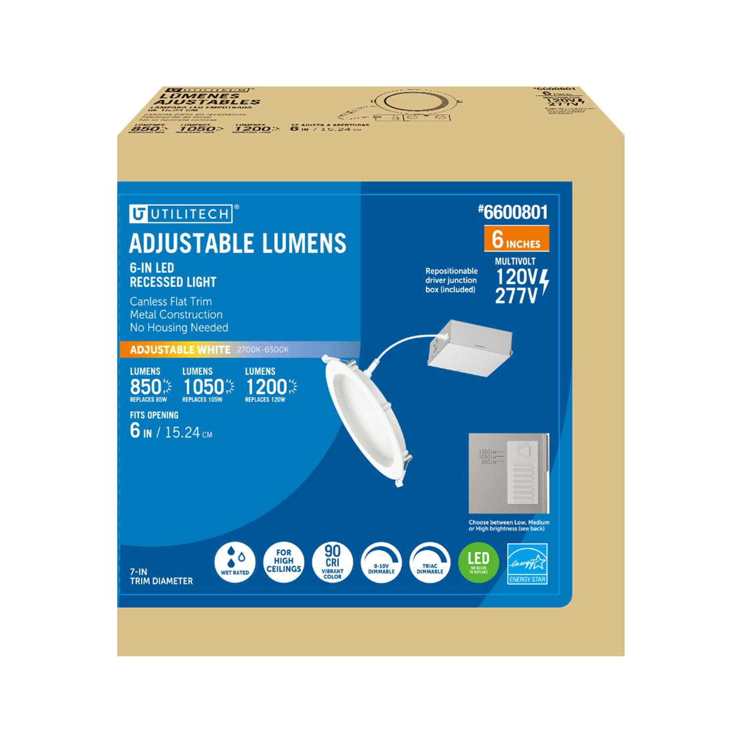 slide 2 of 6, Utilitech White 6-in 1200 -Lumens Switchable white Round Dimmable LED Canless Wet rated Recessed Downlight, 1 ct