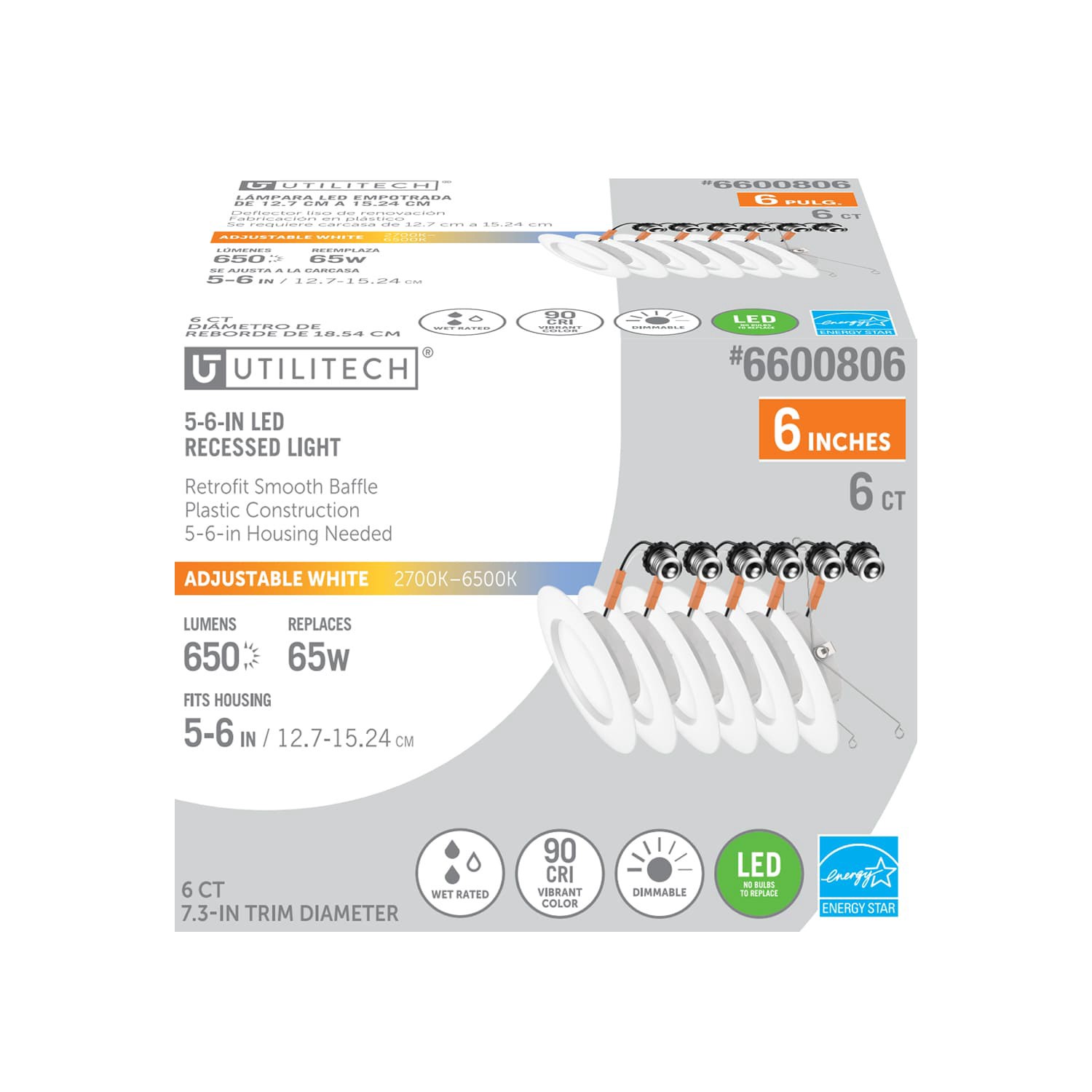 slide 3 of 6, Utilitech White 6-in 650 -Lumens Switchable white Round Dimmable LED Wet rated Recessed Downlight 6 -Pack, 1 ct