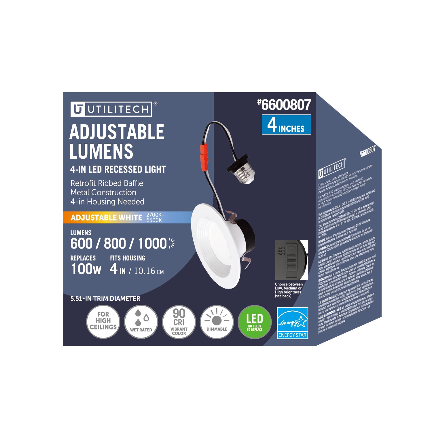 slide 2 of 6, Utilitech White 4-in 1000 -Lumens Switchable white Round Dimmable LED Wet rated Recessed Downlight, 1 ct