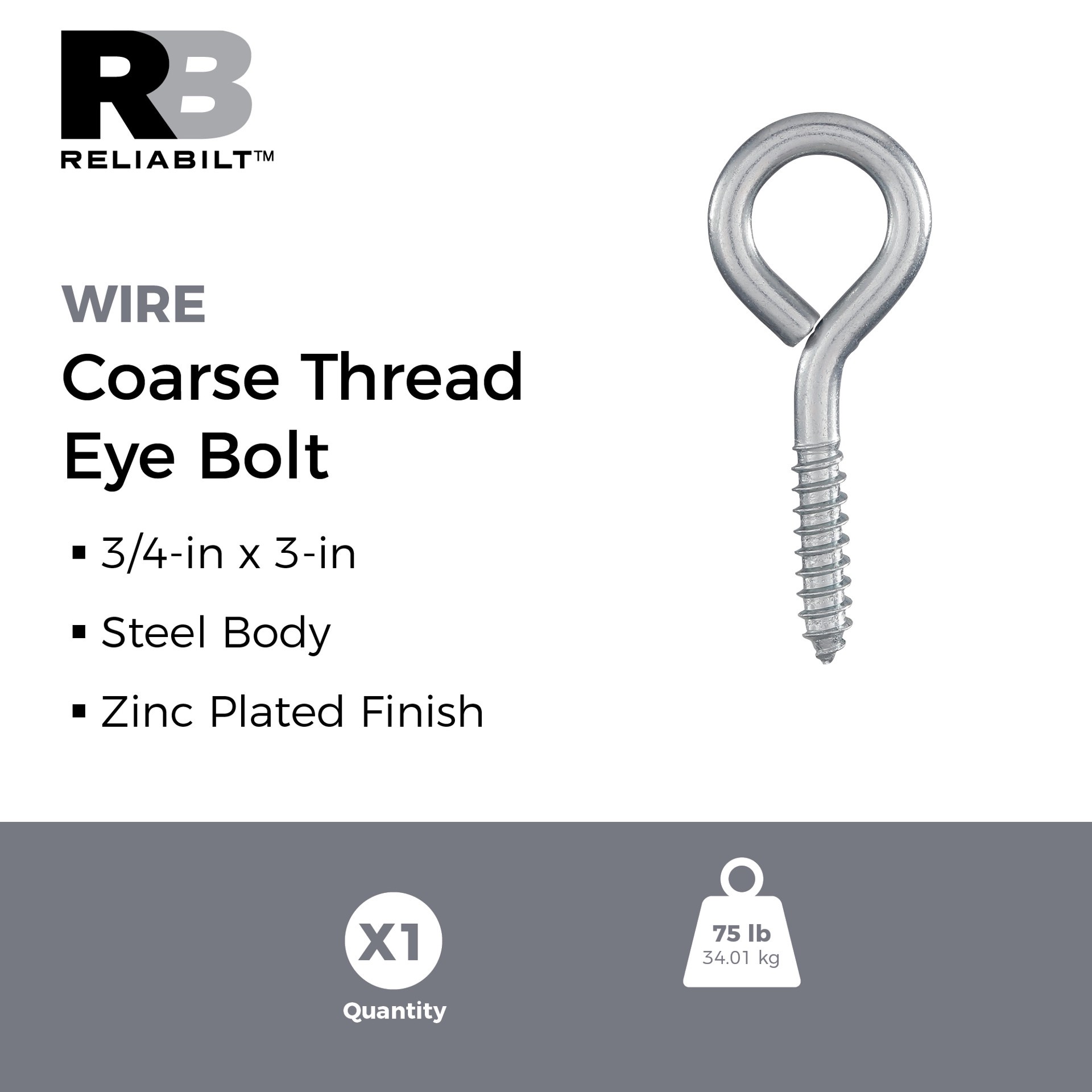slide 2 of 6, RELIABILT 3/4-in 3-in Zinc-plated Interior/Exterior Coarse Thread Eye Bolt, 1 ct