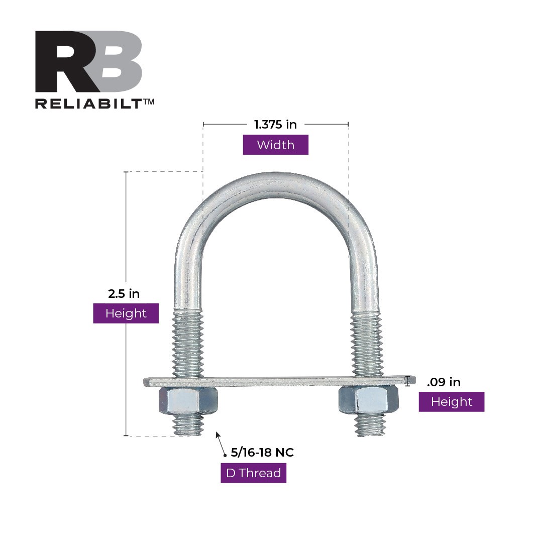 slide 3 of 5, RELIABILT 5/16-in 2-1/2-in Zinc-plated Interior/Exterior Fine Thread U-bolt Bolt, 1 ct
