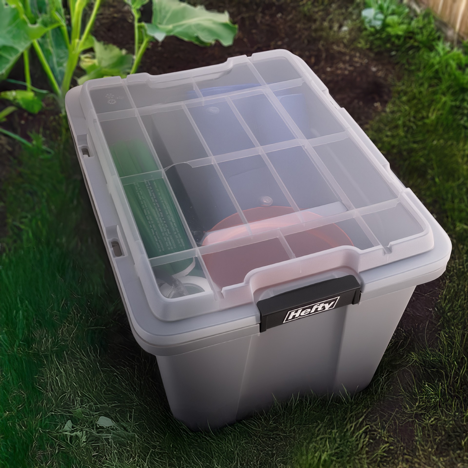 slide 5 of 6, Hefty MAX PRO X-large 18 -Gallons ( 72 -Quarts ) Gray Heavy Duty Stackable Tote with Latching Lid, 1 ct