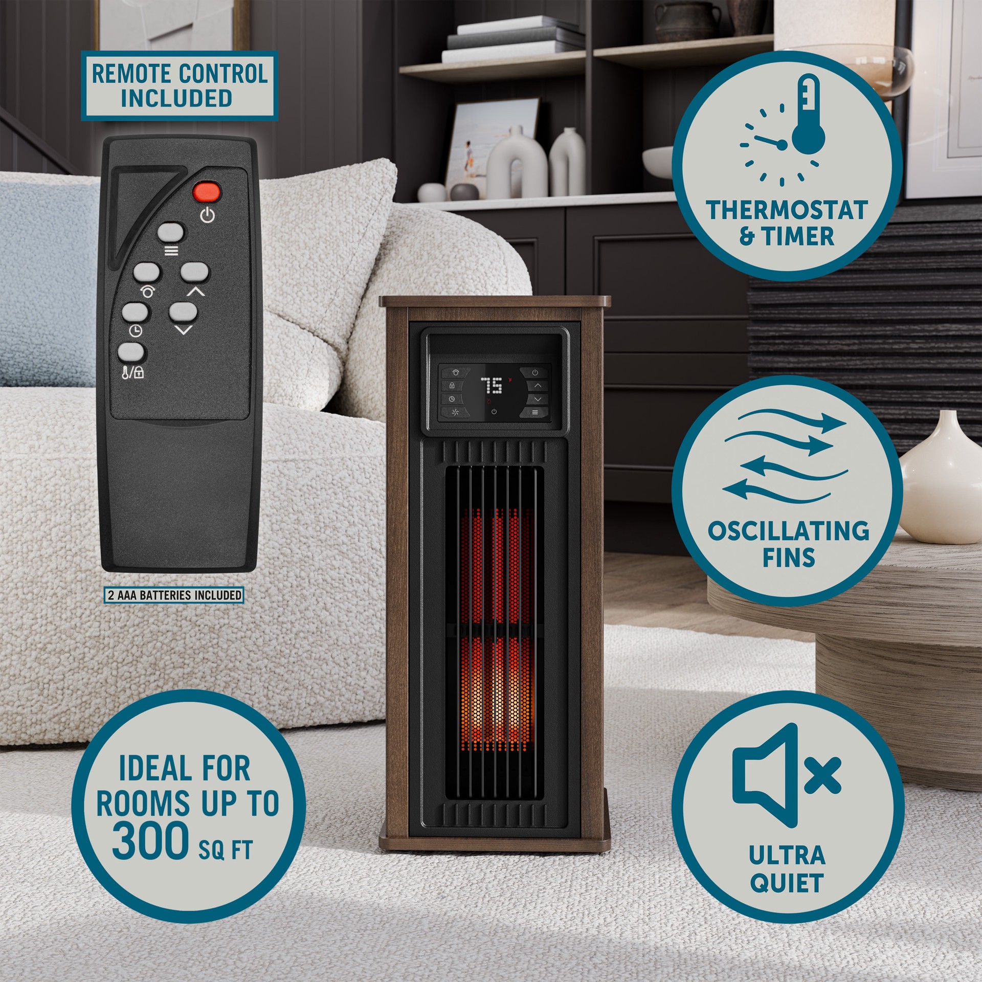 slide 4 of 6, Utilitech 1500 -Watt Infrared quartz Tower Indoor Electric Space Heater with Thermostat with Remote, 1 ct