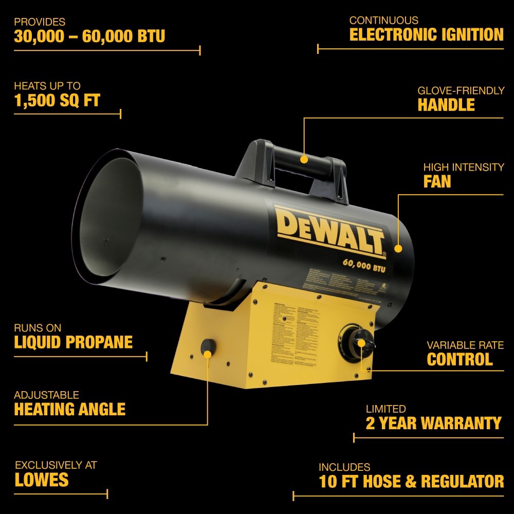 slide 4 of 6, DEWALT DeWalt forced air propane 60000 -BTU Outdoor Portable Forced air Propane Heater, 1 ct