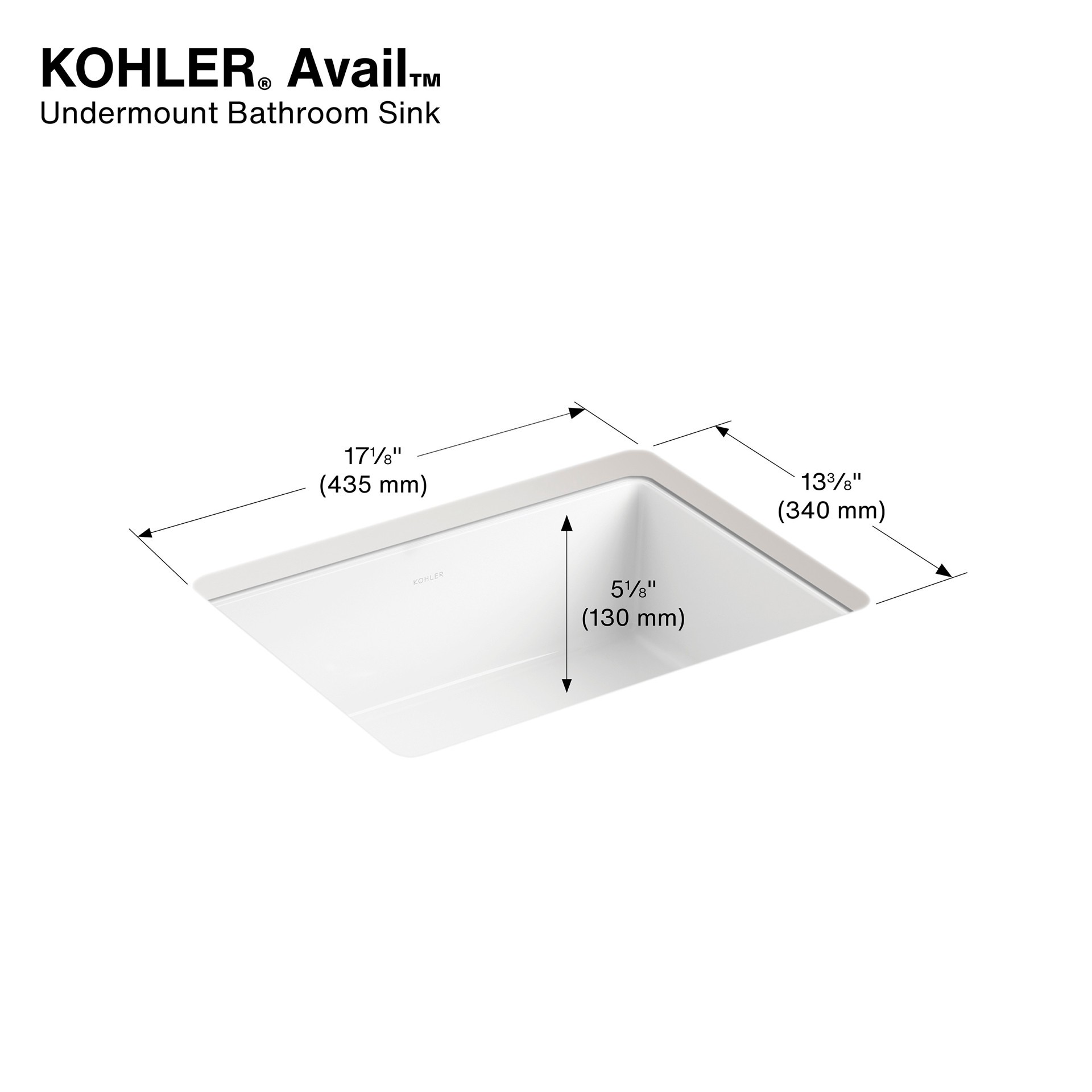 slide 3 of 6, KOHLER Avail Vitreous China 13.57-in Undermount Rectangular Transitional White Bathroom Sink, 1 ct