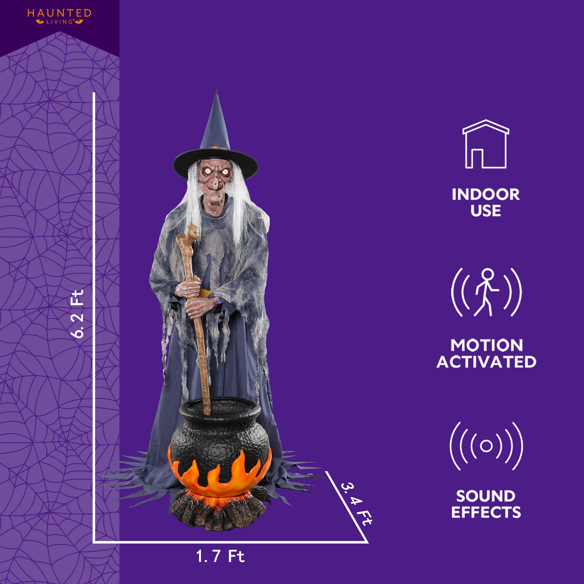slide 3 of 6, Haunted Living 6-ft Witch with Cauldron Motion Activated Lighted Animatronic, 1 ct