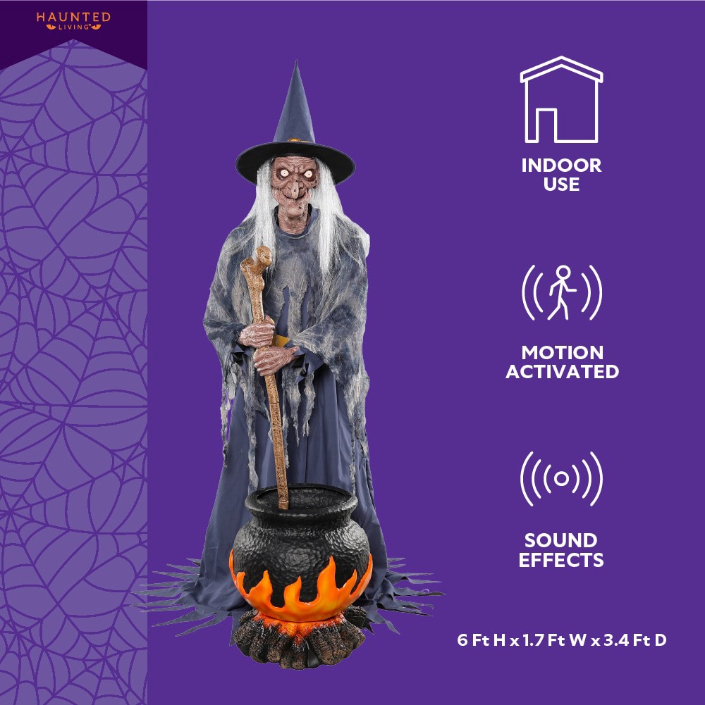 slide 2 of 6, Haunted Living 6-ft Witch with Cauldron Motion Activated Lighted Animatronic, 1 ct
