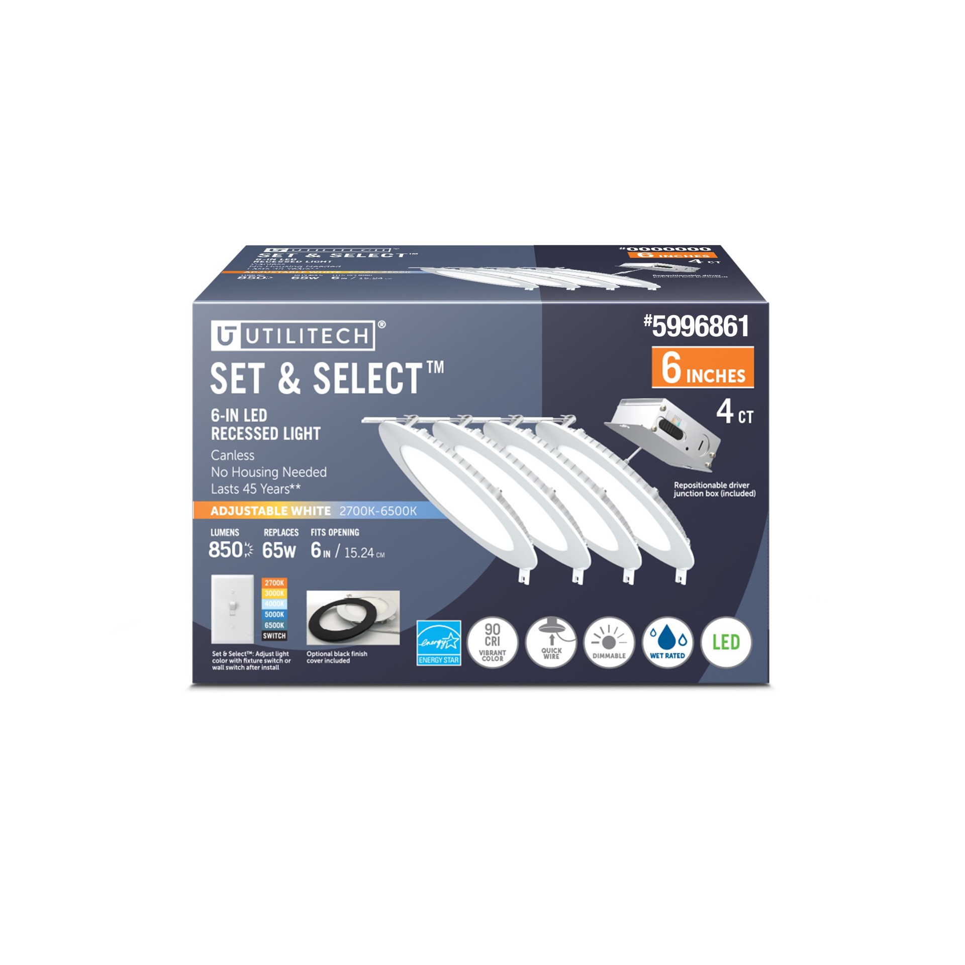 slide 1 of 6, Utilitech White/ Black 6-in 850 -Lumens Switchable white Round Dimmable LED Canless Wet rated Recessed Downlight 4 -Pack, 1 ct