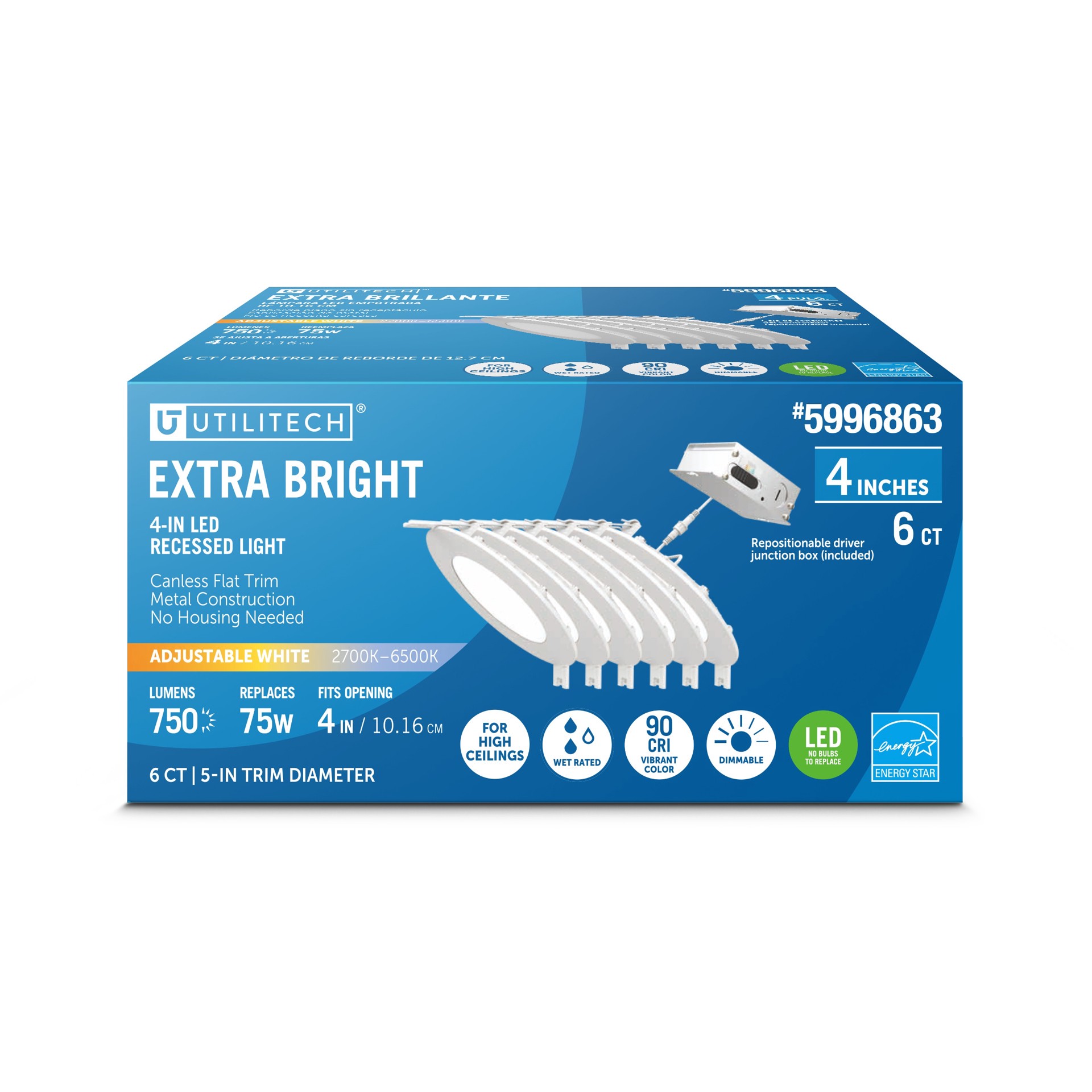 slide 1 of 6, Utilitech White 4-in 750 -Lumens Switchable white Round Dimmable LED Canless Wet rated Recessed Downlight 6 -Pack, 1 ct