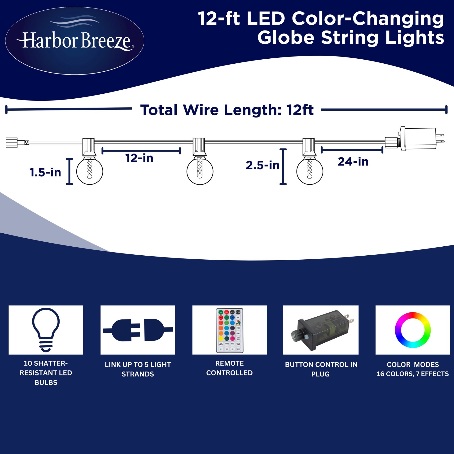 slide 3 of 6, Harbor Breeze 12-ft Plug-in Black Indoor/Outdoor String Light with 10 Color changing -Light LED Globe Bulbs with Remote, 1 ct