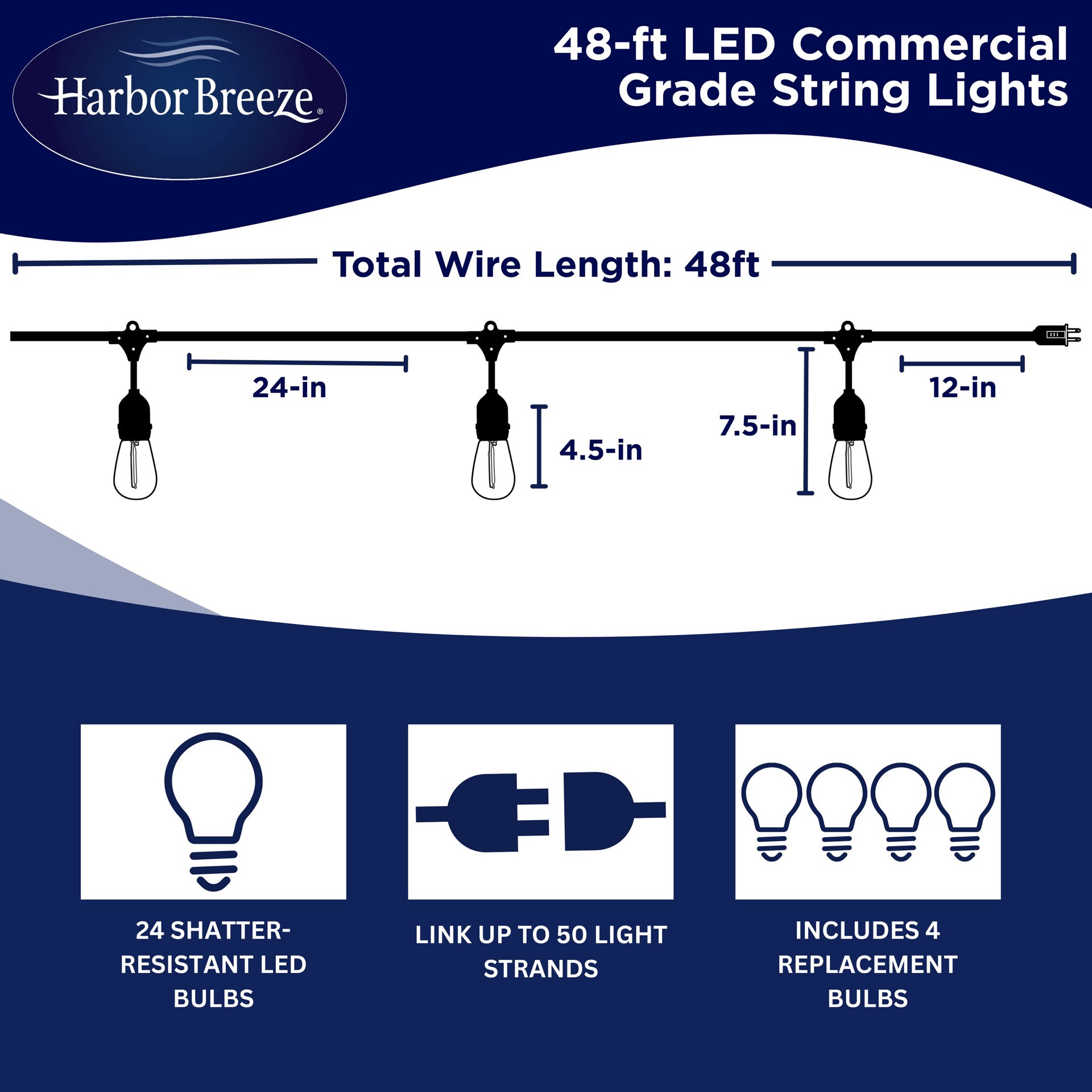 slide 3 of 6, Harbor Breeze 48-ft Plug-in Black Indoor/Outdoor String Light with 24 White -Light LED Edison Bulbs, 1 ct