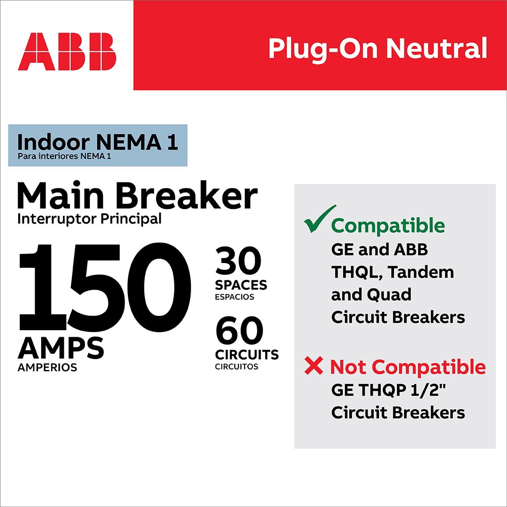 slide 4 of 6, ABB ReliaHome P-Series 150 -Amp 30 -Spaces 60 -Circuit Indoor Main Breaker Plug-On Neutral Load Center (Value Pack), 1 ct